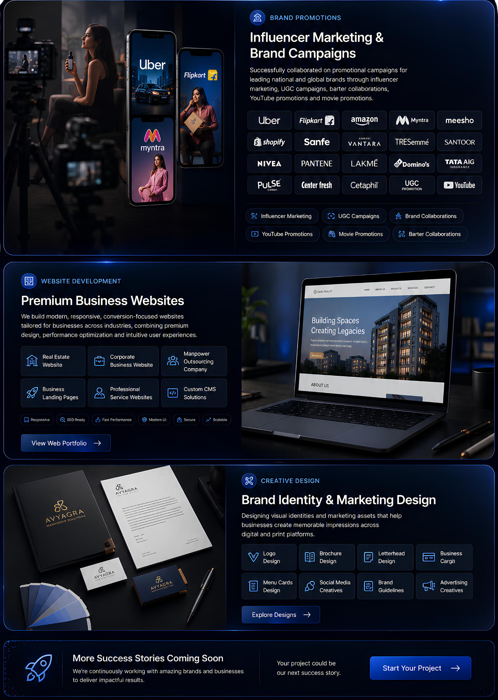 Digital marketing and web development company website showcase with sections on influencer marketing, brand campaigns, website development, brand identity design, and success stories, featuring images of smartphones, laptops, branding materials, and a person recording a video.