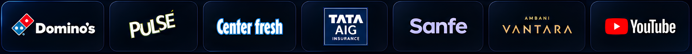 A row of logos for various brands on a dark background, including Domino's, PULSE, Center Fresh, Tata AIG Insurance, Sanfe, Vantara by Ambani, and YouTube.