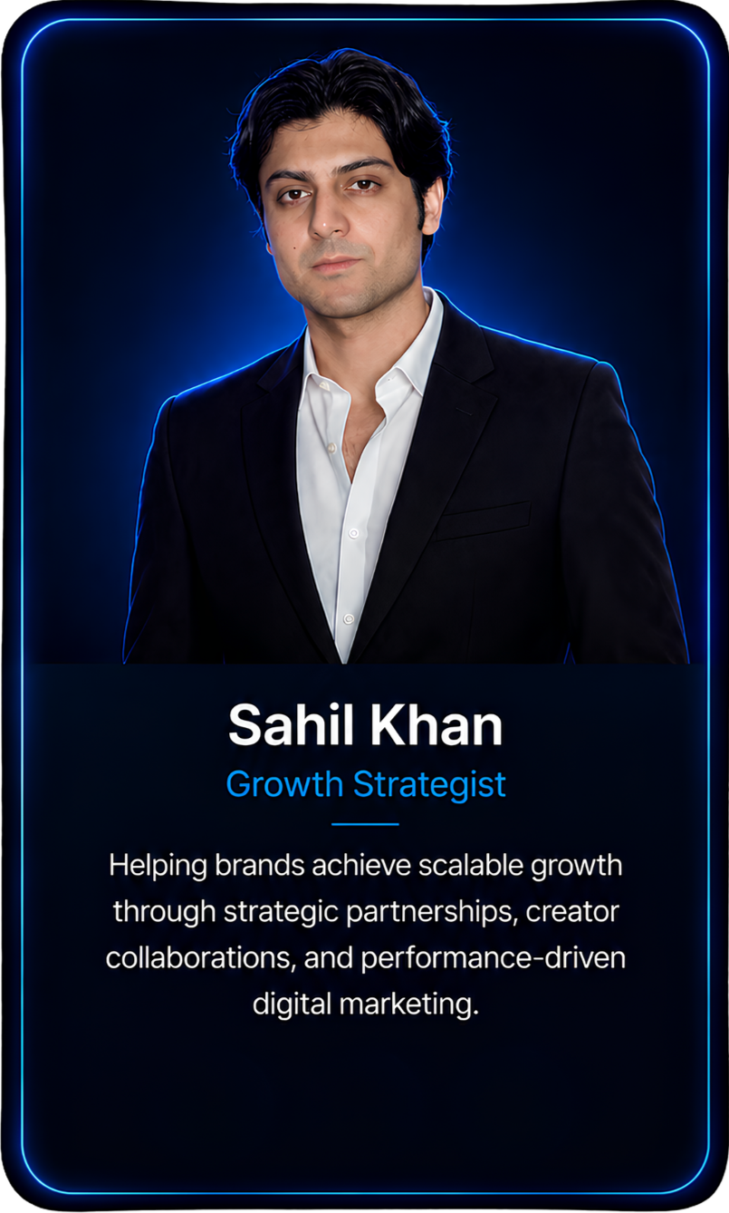 Professional portrait of Sahil Khan, a growth strategist, in a suit against a dark background with blue neon border, with his name and title displayed below.