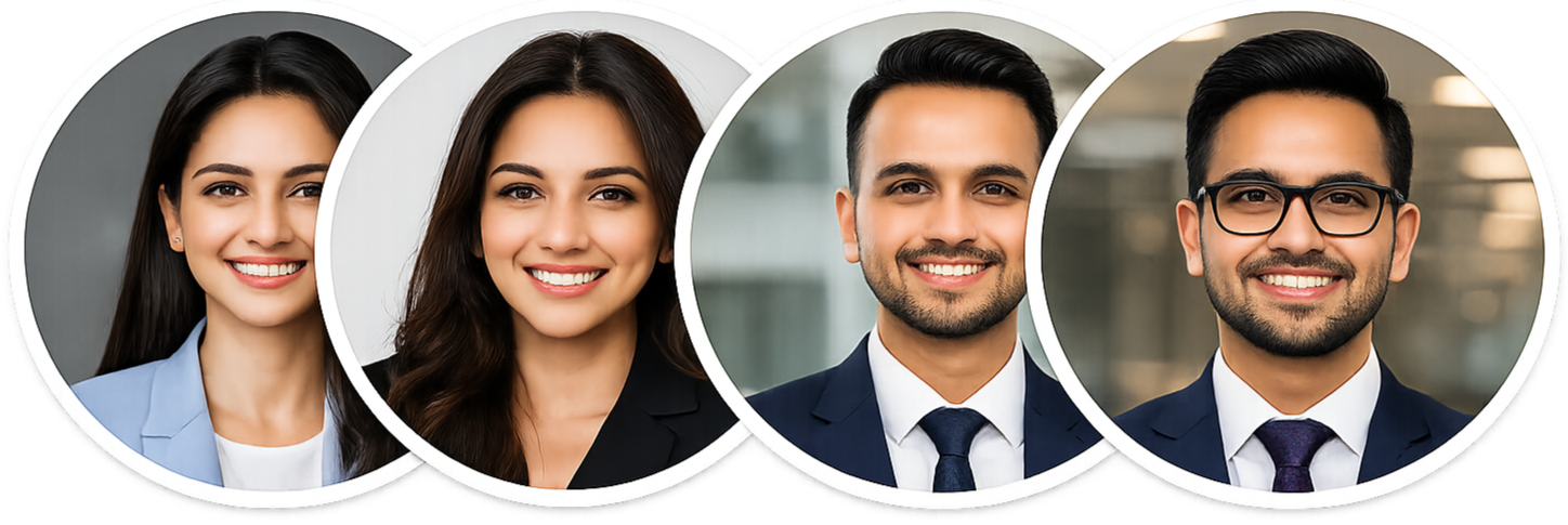 Four professional headshot photos of diverse men and women in business attire, smiling at the camera.