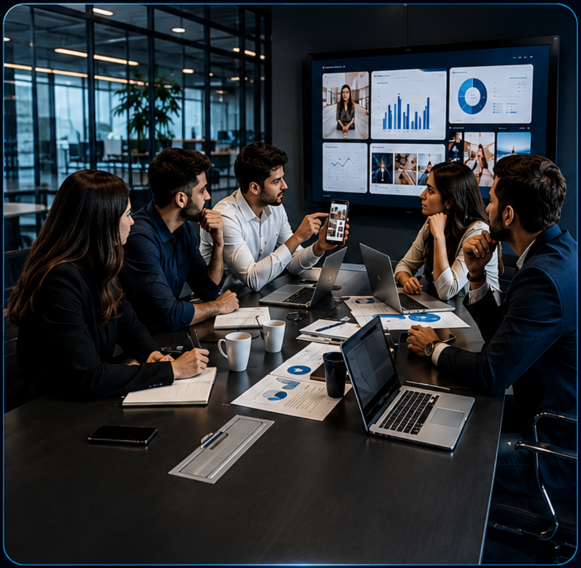 Six professionals are gathered around a conference table in a modern office, participating in a meeting. One individual is showing information on a smartphone to others. The table has laptops, notebooks, coffee mugs, and documents. A large screen on the wall displays charts, graphs, and a video call with a woman.