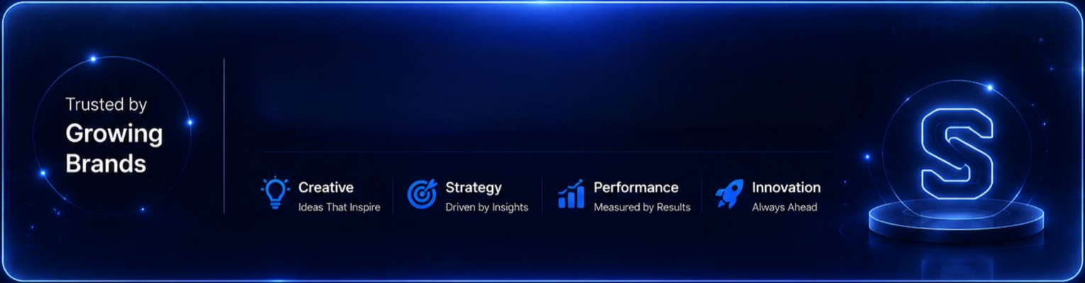 Digital graphic with a dark blue background promoting trust by growing brands, featuring icons and text for Creativity, Strategy, Performance, and Innovation
