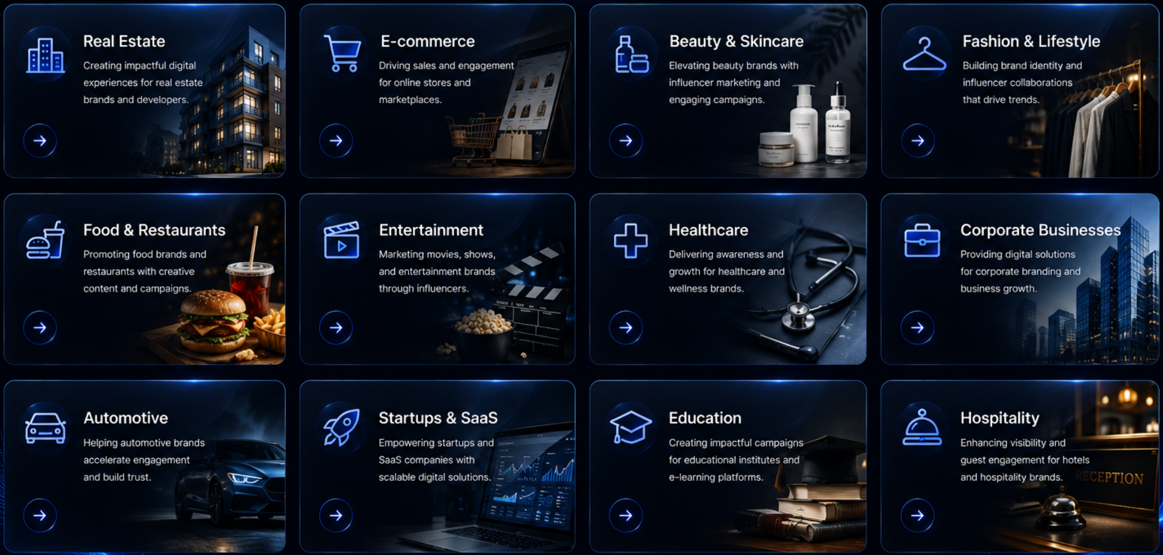A digital interface showcasing various industry categories including Real Estate, E-commerce, Beauty & Skincare, Fashion & Lifestyle, Food & Restaurants, Entertainment, Healthcare, Corporate Businesses, Automotive, Startups & SaaS, Education, and Hospitality, each represented with icons and images.