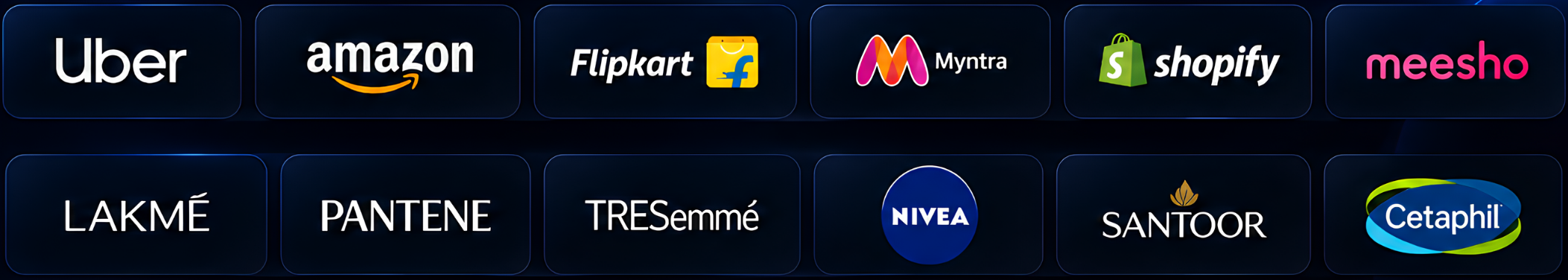 A digital interface displaying logos of various online shopping and service platforms including Uber, Amazon, Flipkart, Myntra, Shopify, Meesho, Lakmé, Pantene, TRESemmé, Nivea, Santoor, and Cetaphil.