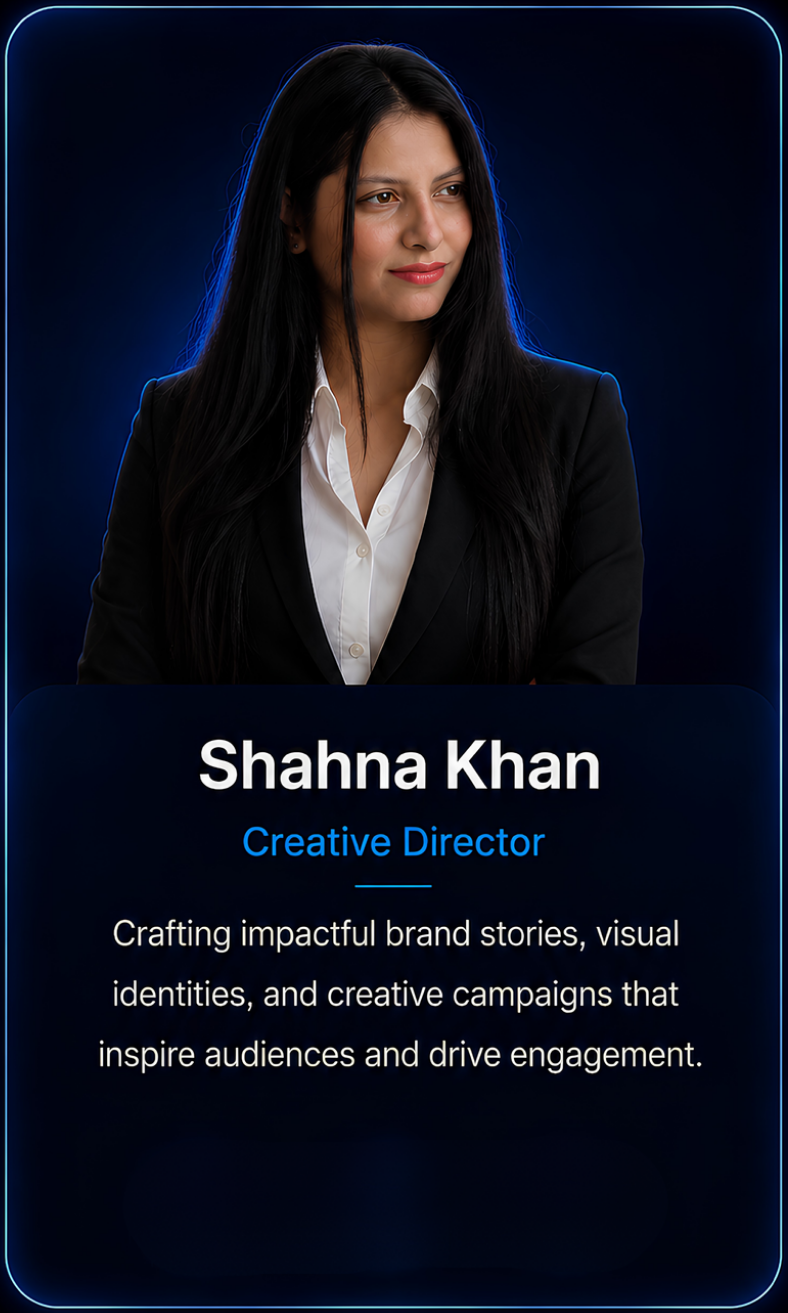 A professional woman with long black hair wearing a black blazer and white shirt, standing against a dark background with neon blue outline. A graphic overlay shows her name, Shahna Khan, with the title Creative Director and a description of her work.
