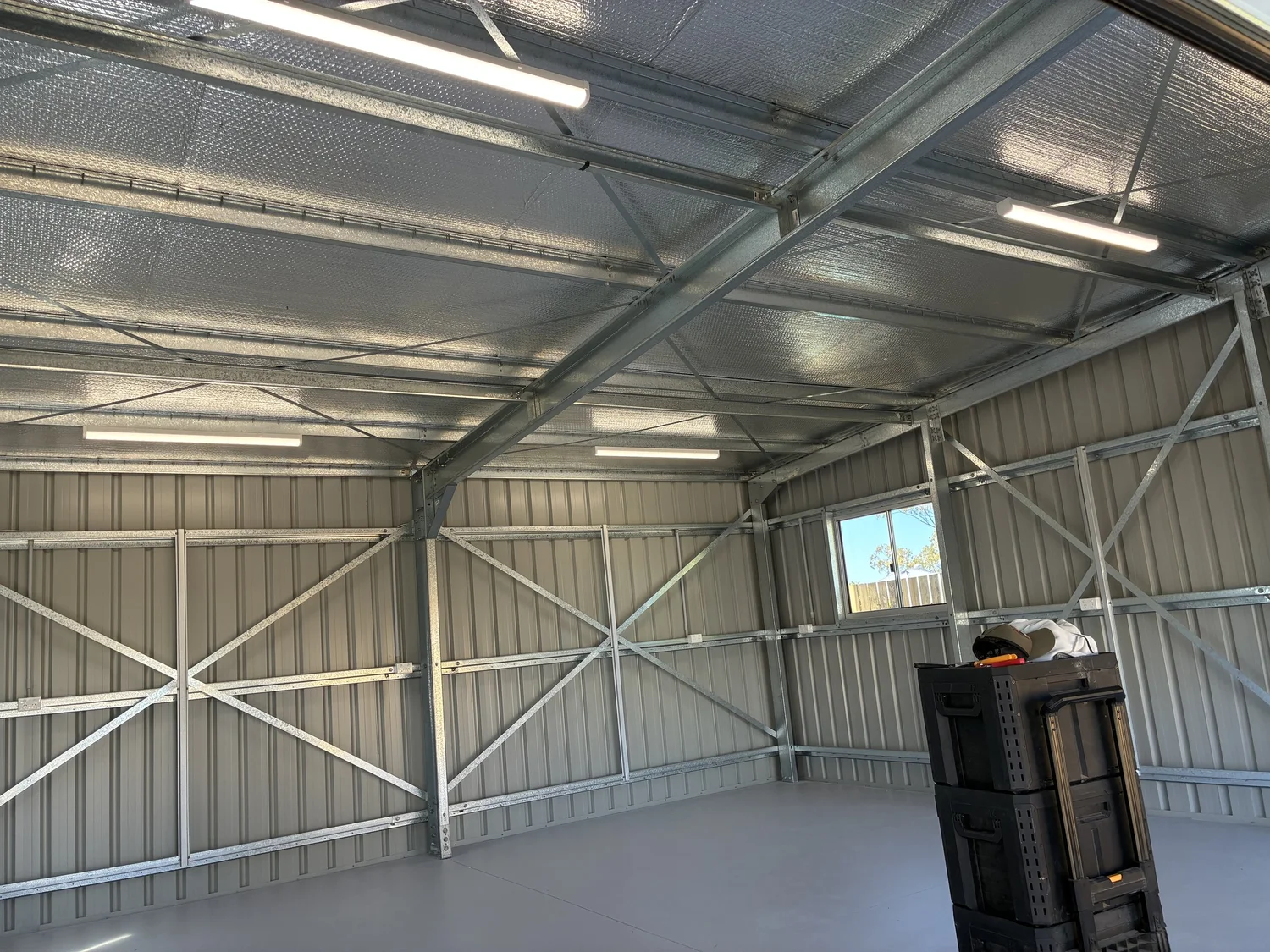 Inside a newly wired shed with LED lighting