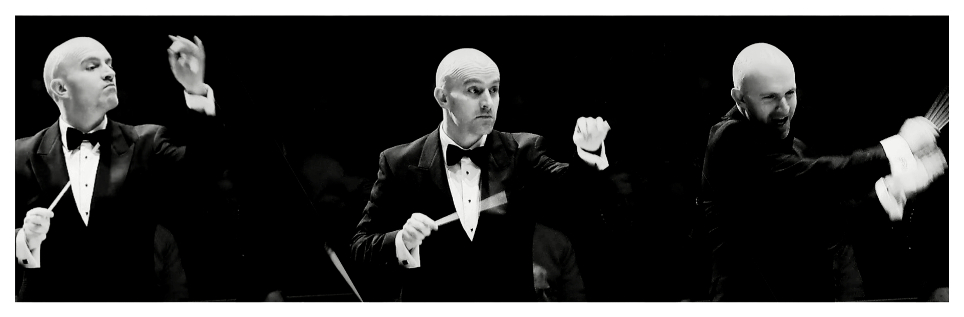 Three conductors in tuxedos and bow ties conducting an orchestra, each with a baton, in a black and white photograph.