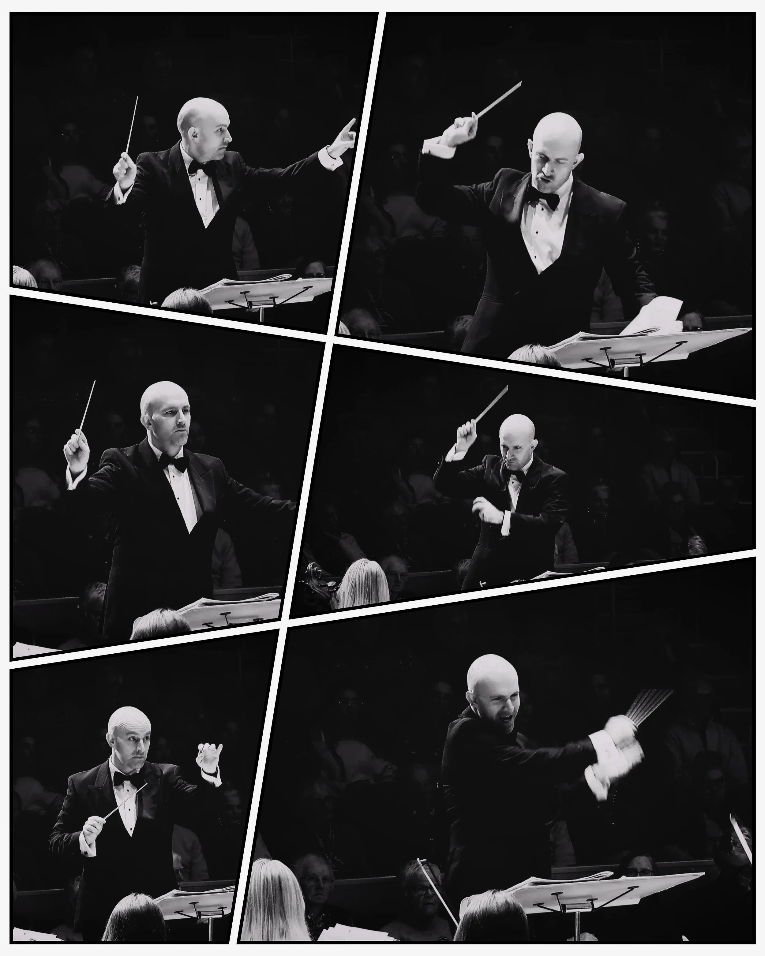 Black and white collage of multiple images of a male orchestra conductor in a tuxedo, conducting with a baton, with audience members in the background.