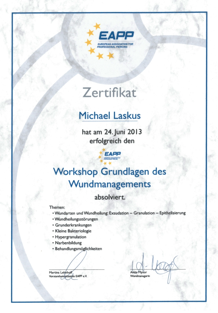 Zertifikat der Europäischen Vereinigung für professionelle Wundversorgung EAPP, ausgestellt an Michael Laskus am 24. Juni 2013, für den erfolgreichen Abschluss eines Workshops zu Grundlagen des Wundmanagements.