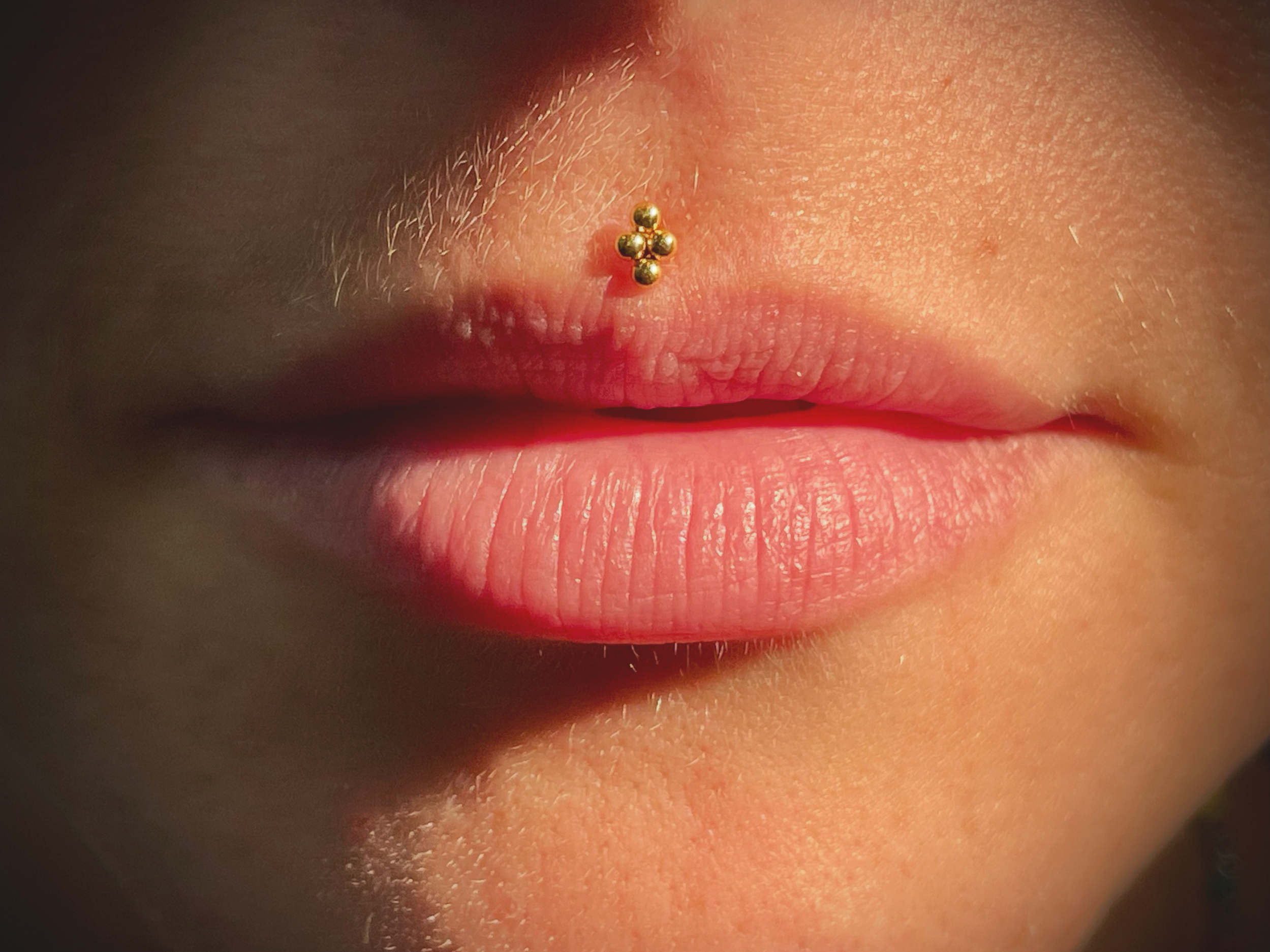 Nahaufnahme eines menschlichen Gesichts mit Nasenpiercing und pinken Lippen.
