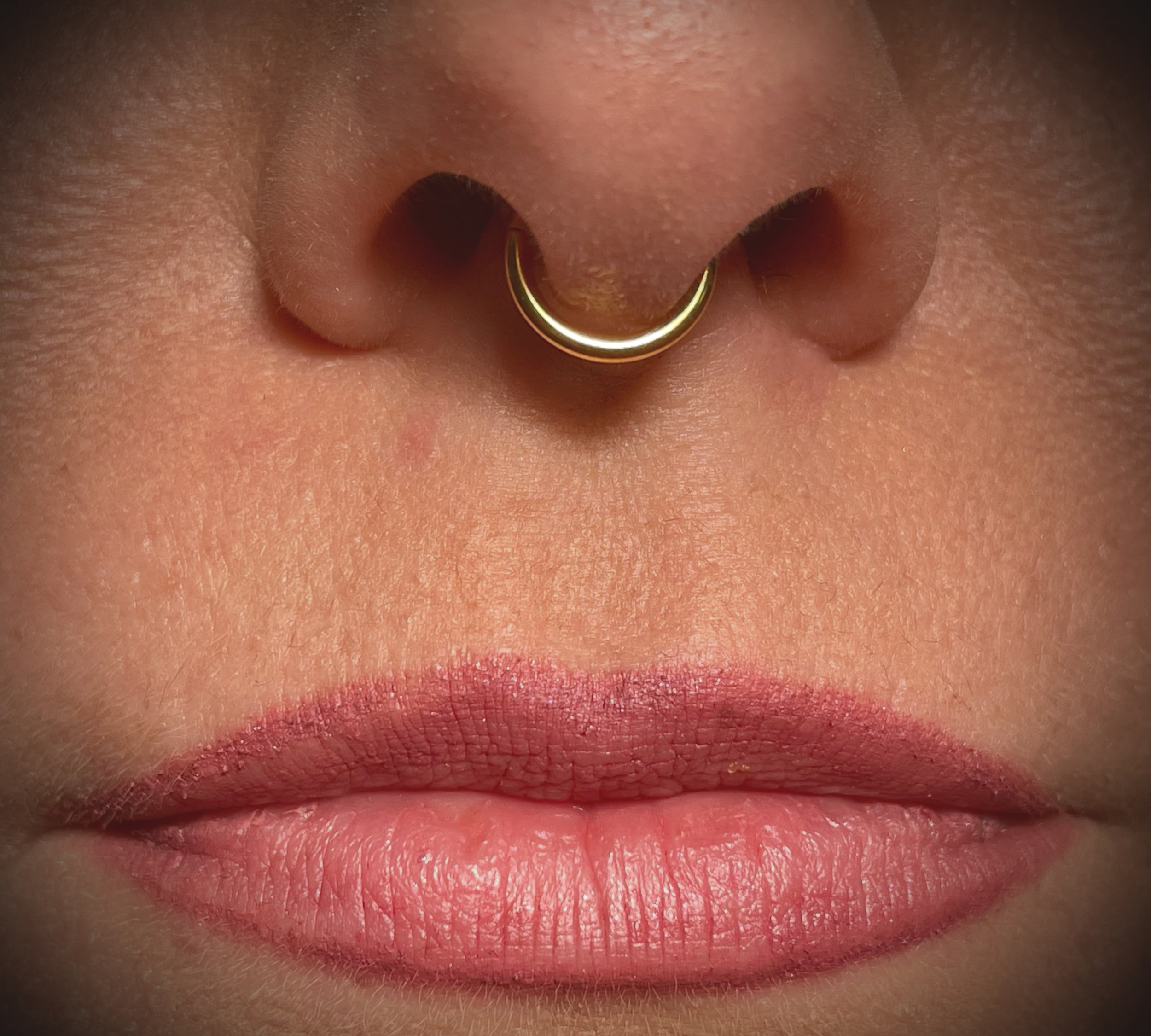 Naheaufnahme eines menschlichen Nasenkneifens mit einem goldenen Nasenring, sichtbare Nasenlöcher, Hautporen und Lippen