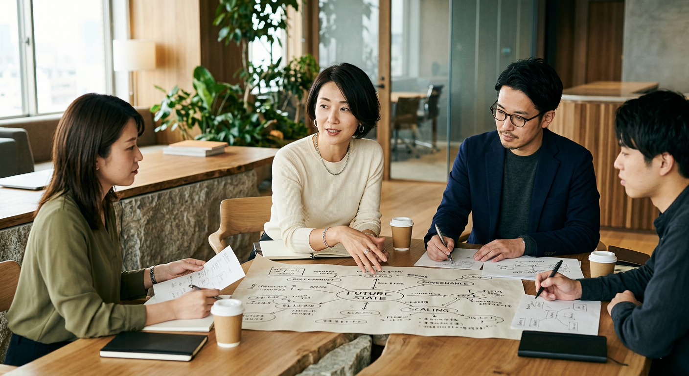 会議室で5人のビジネスパーソンがテーブルを囲んで会議をしている。テーブルには紙資料とノート、コーヒーカップが置かれている。