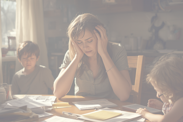 Eine Frau sitzt komplett gestresst am Küchentisch. Umgeben von ihren Kindern und Schriftstücken, die sie bearbeiten muss aber nicht dazu kommt.