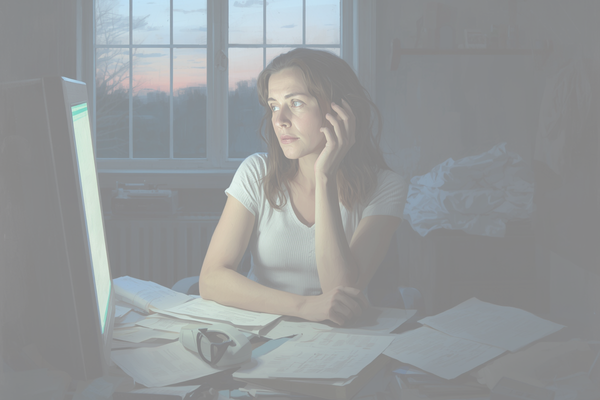 Eine junge Frau sitzt an einem Schreibtisch vor einem Computer, umgeben von Papieren, während draußen die Sonne untergeht. Den ganzen Tag gearbeitet. Der Tag lief an ihr vorbei.