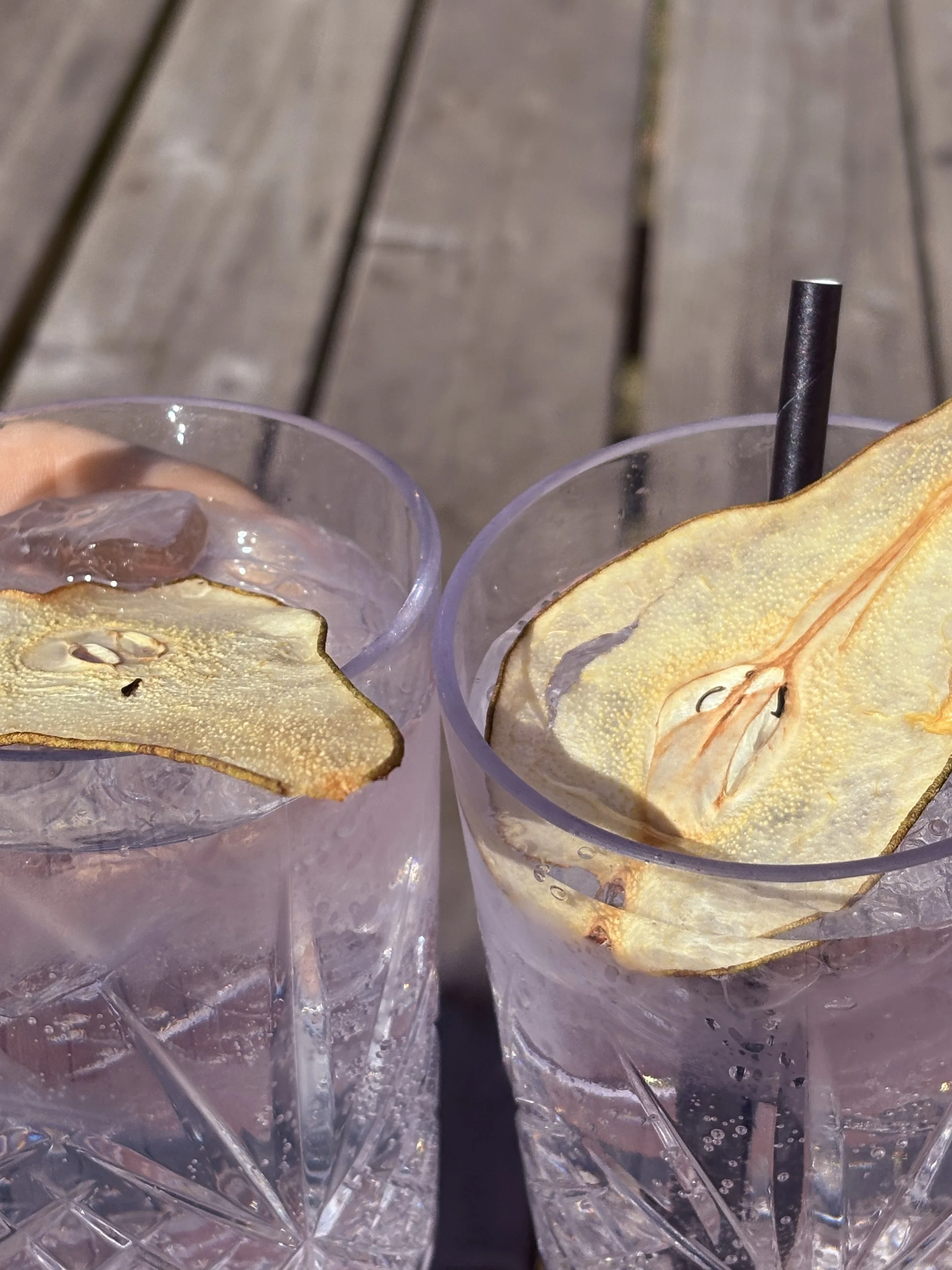 Twee glazen Gin Tonic met ijs, een schijf gedroogde peer, en een rietje, geplaatst op een houten tafel.