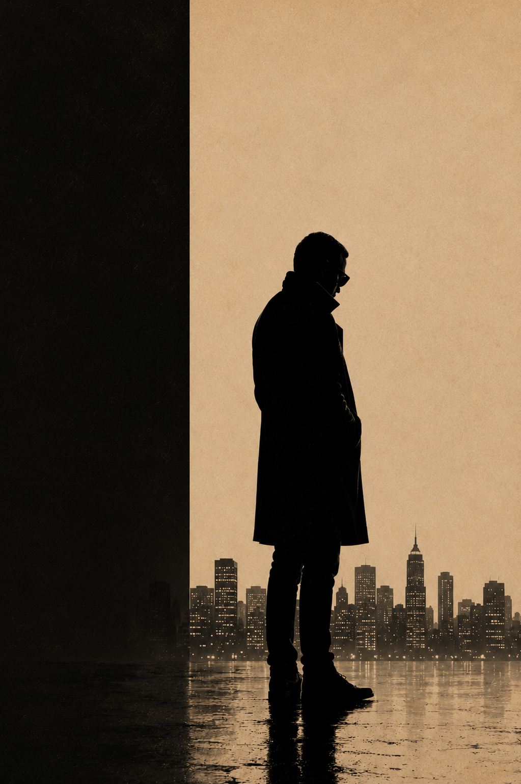 Silhouette of a man wearing a coat and glasses, standing with his hands in his pockets, against a city skyline at dusk or dawn, with a large dark structure on the left side of the image.