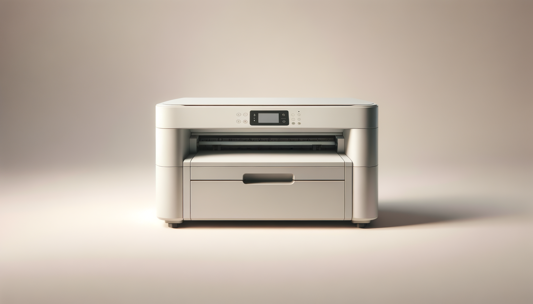 A modern, compact all-in-one printer with a digital control panel on top, siting on a plain, light-colored surface against a neutral background.