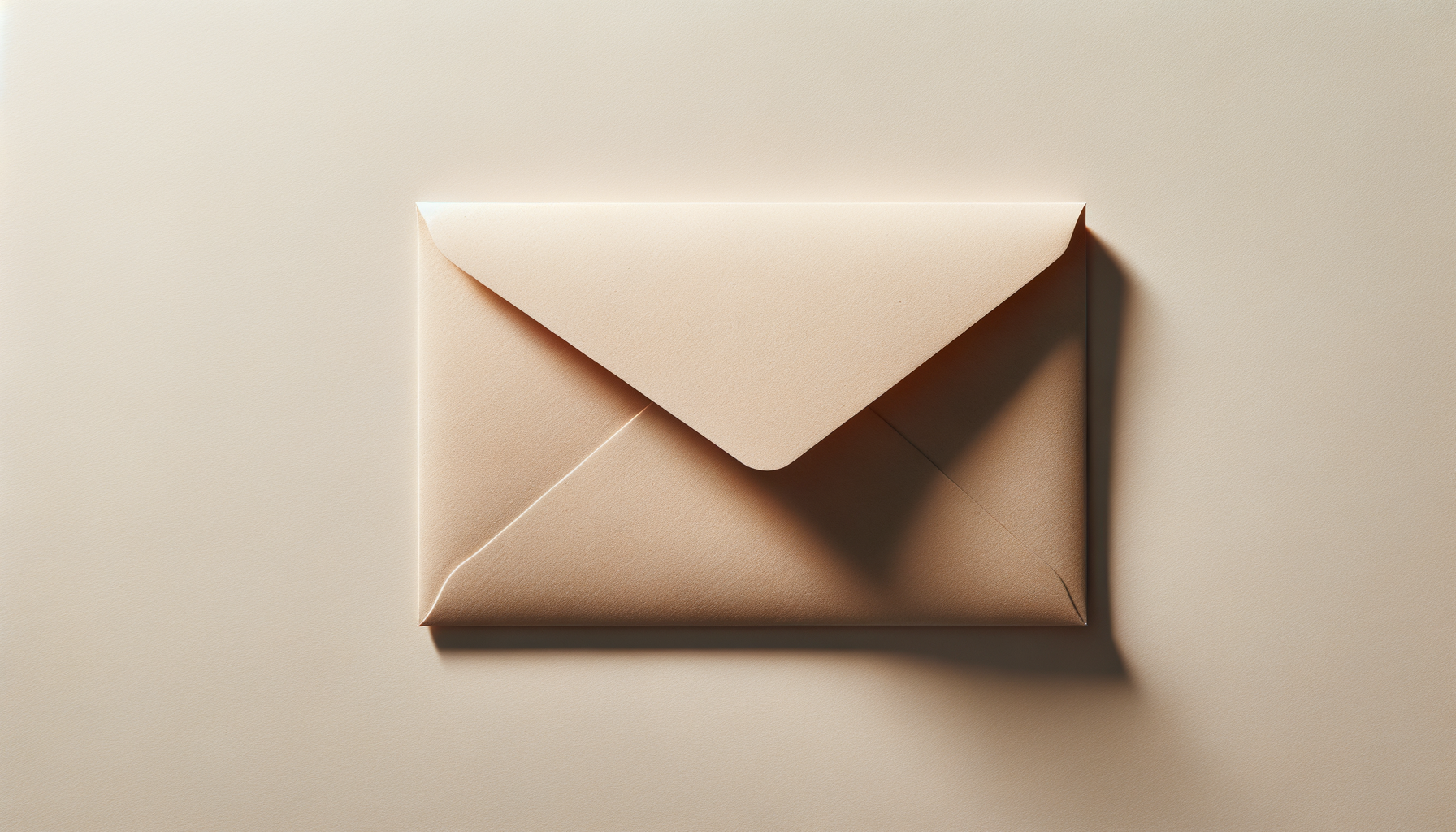 A beige envelope with a triangular flap on a matching beige surface.