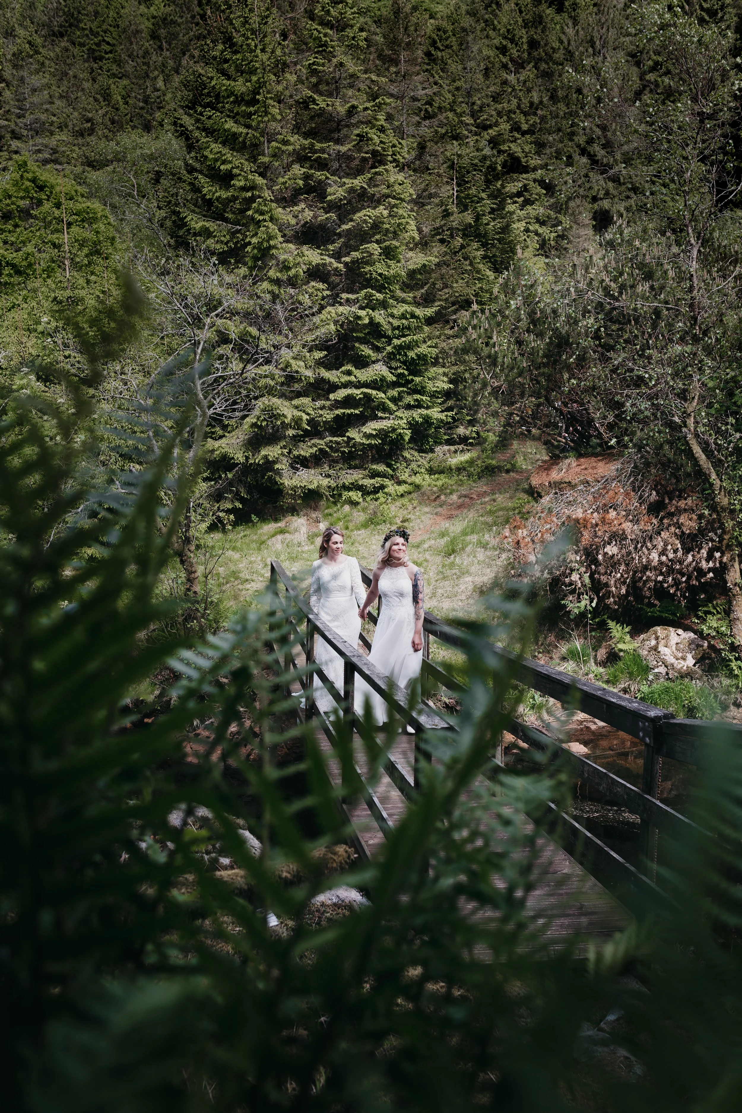 Two women in wedding dresses walking on a wooden bridge in a forested area with tall evergreen trees and green foliage.