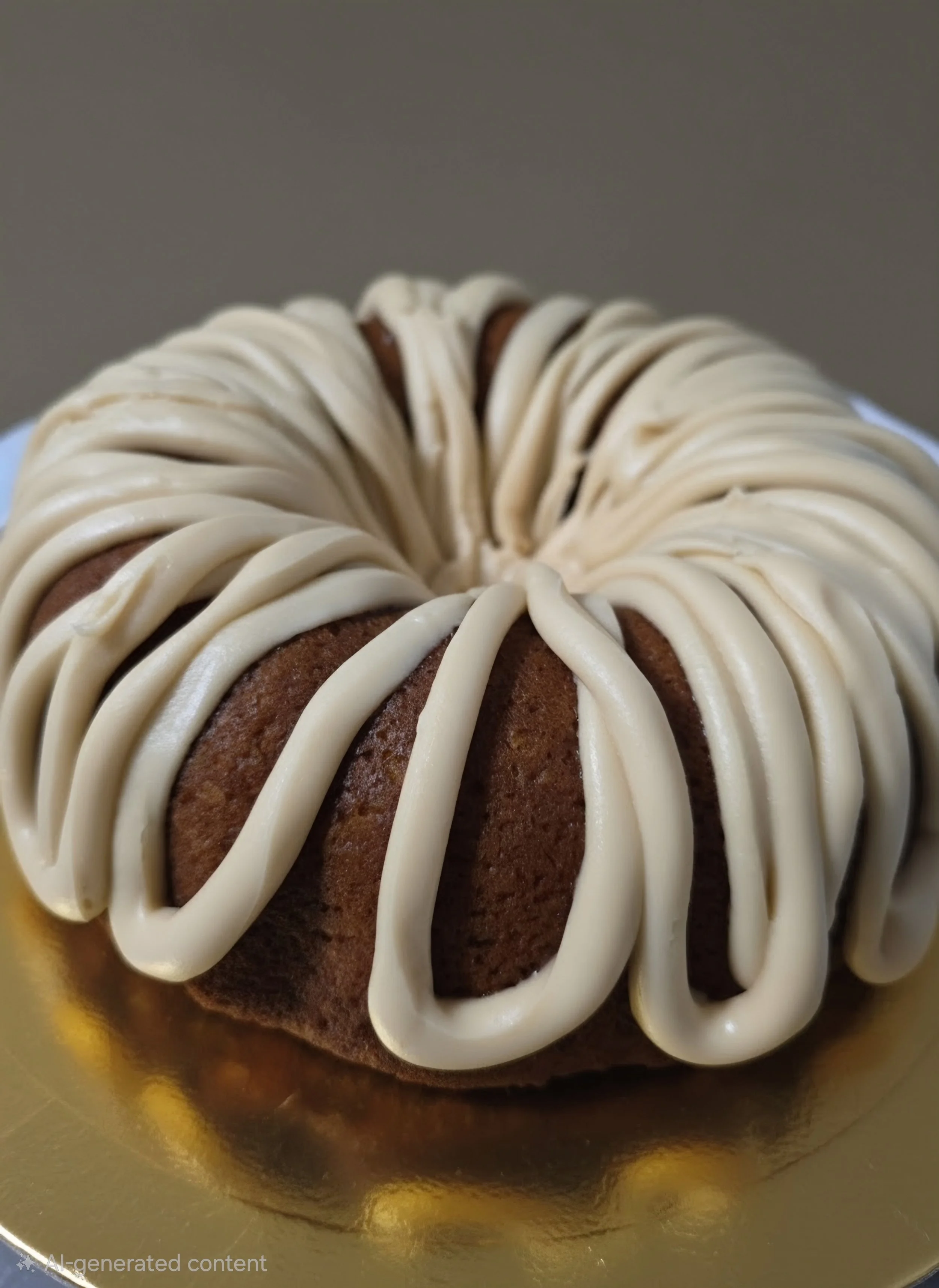 Close-up of a bundt cake with white icing drizzled on top, placed inside a golden bowl.
