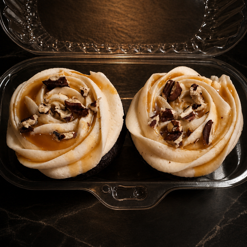 Two cupcakes decorated as roses with white frosting, caramel drizzle, and chopped nuts in a plastic container.