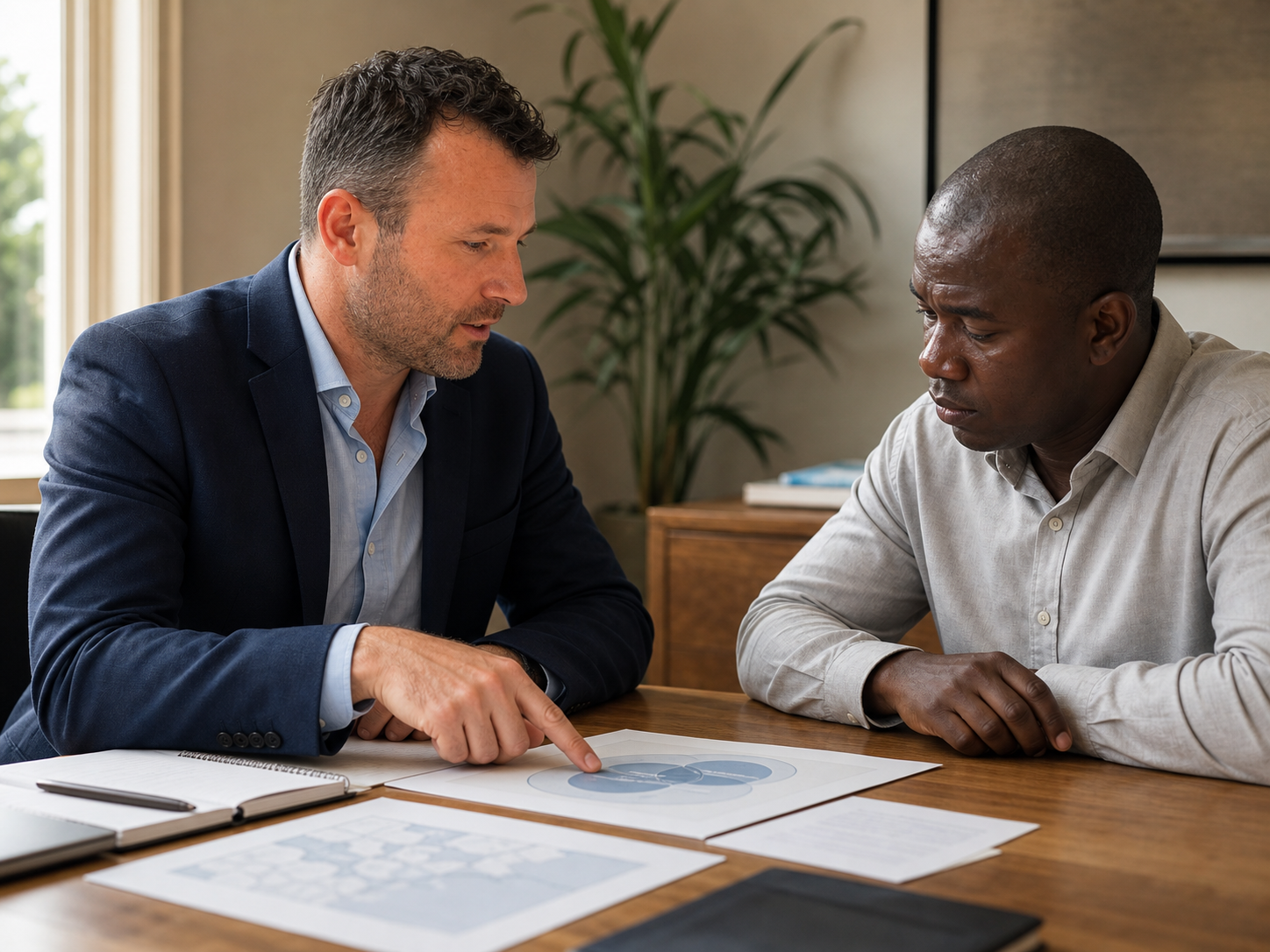 Two men in a business meeting, one pointing at a diagram on paper while the other listens attentively, seated at a wooden table with notebooks and documents.