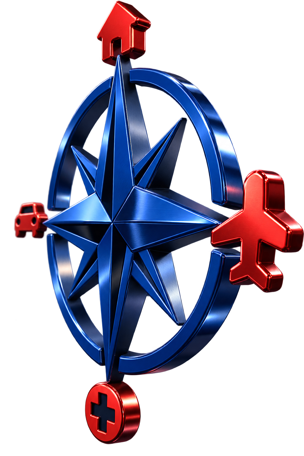A metallic blue star emblem surrounded by a circular frame, with red neon hospital symbols of an ambulance, a nurse, and a cross displayed around it against a dark background.