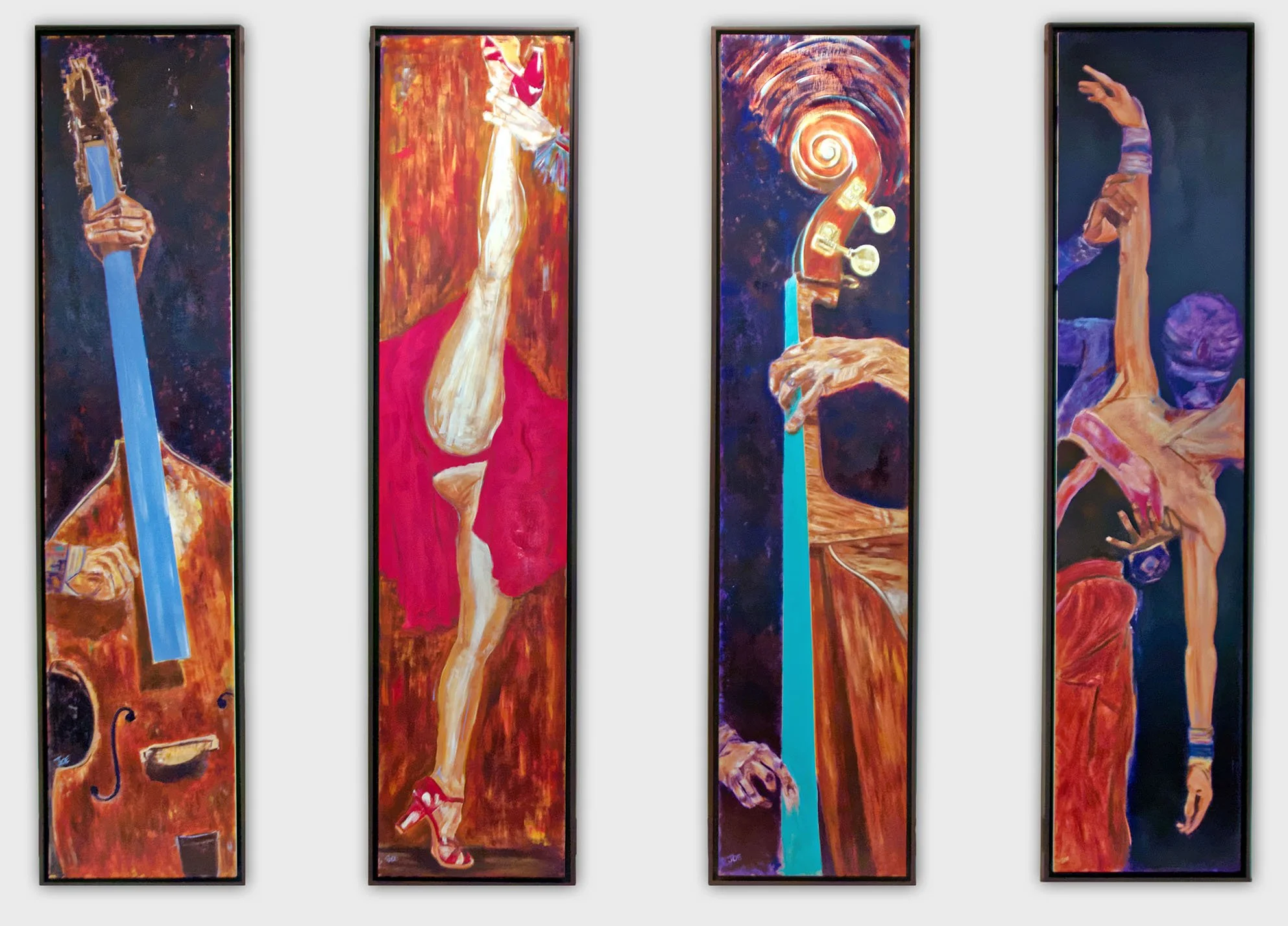 Four vertical framed paintings depicting abstract representations of musical instruments and people holding them, with vibrant colors and expressive brushstrokes.