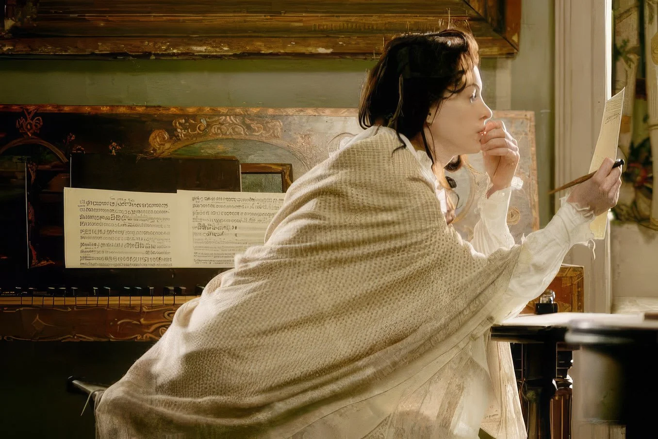 Ann Hathaway, coached by Joe Thompson, playing piano in "Becoming Jane"