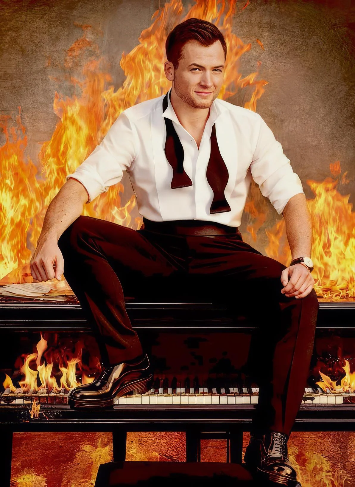 A man in a white dress shirt and burgundy pants sitting on a piano with flames behind and underneath him, creating a fiery background.