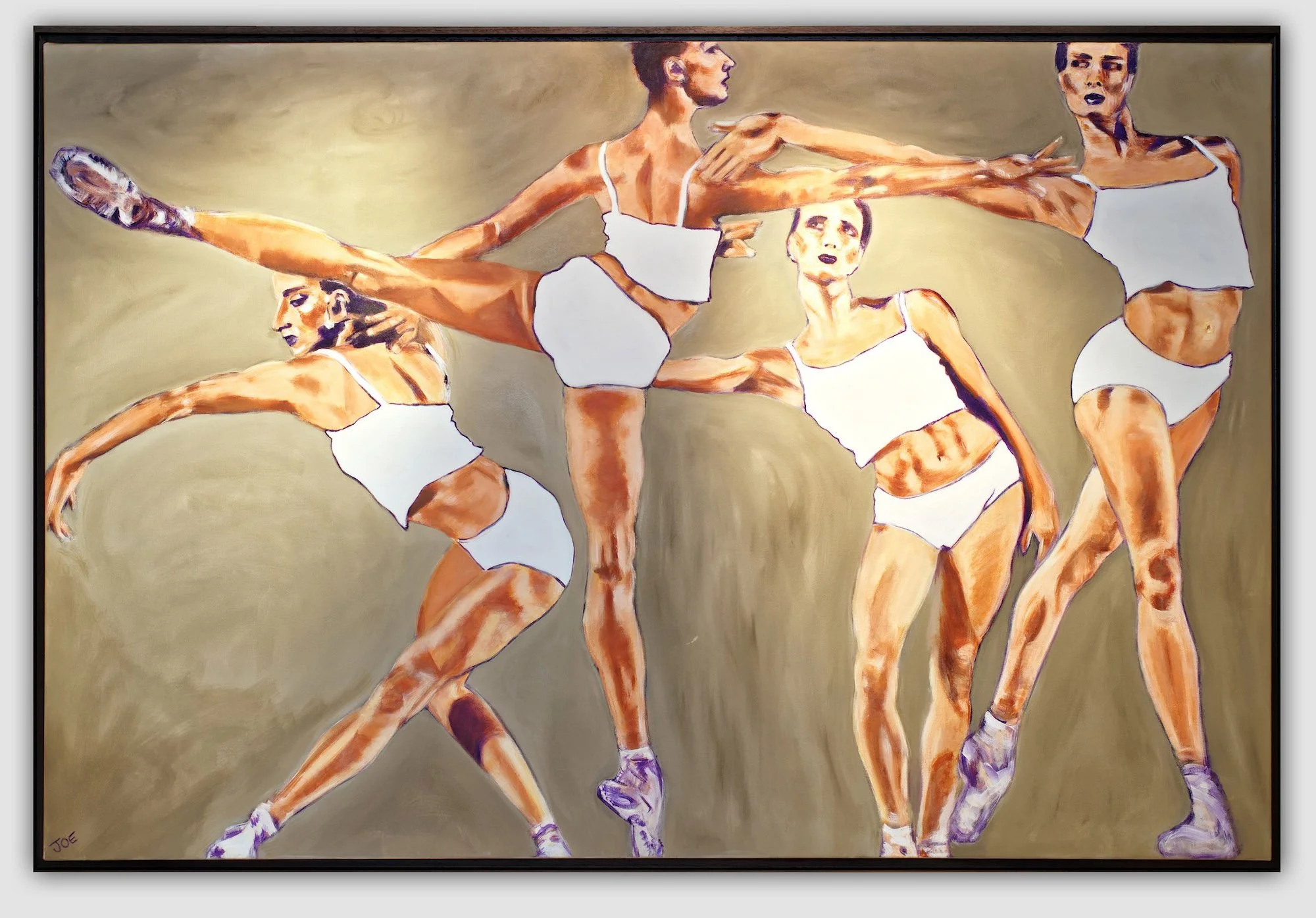 A painting of five female ballet dancers performing a dance. They are wearing white leotards and purple ballet shoes, and are in various ballet poses against a plain background.