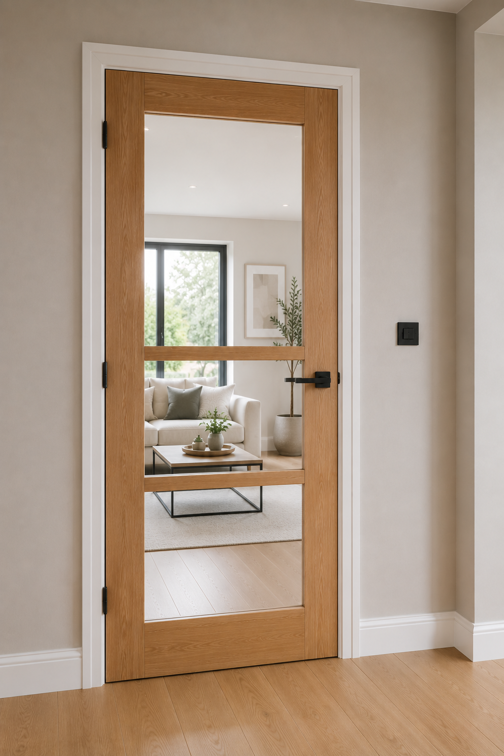 The image shows a wooden framed glass door leading into a modern living room with a beige sofa, a coffee table, potted plant, and a large window.