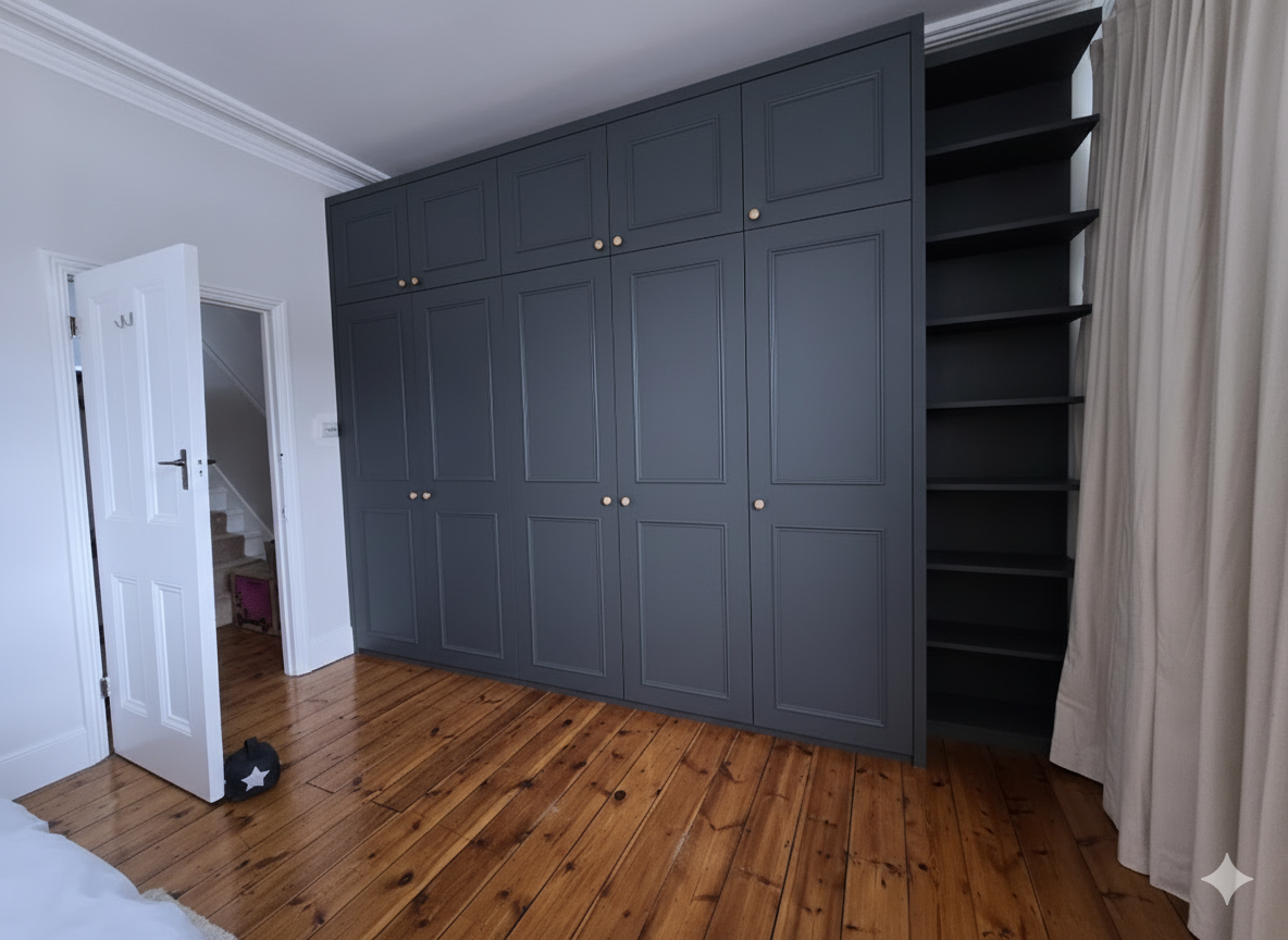 Bedroom with blue wardrobe, wooden floor, open white door leading to stairs, and beige curtains.