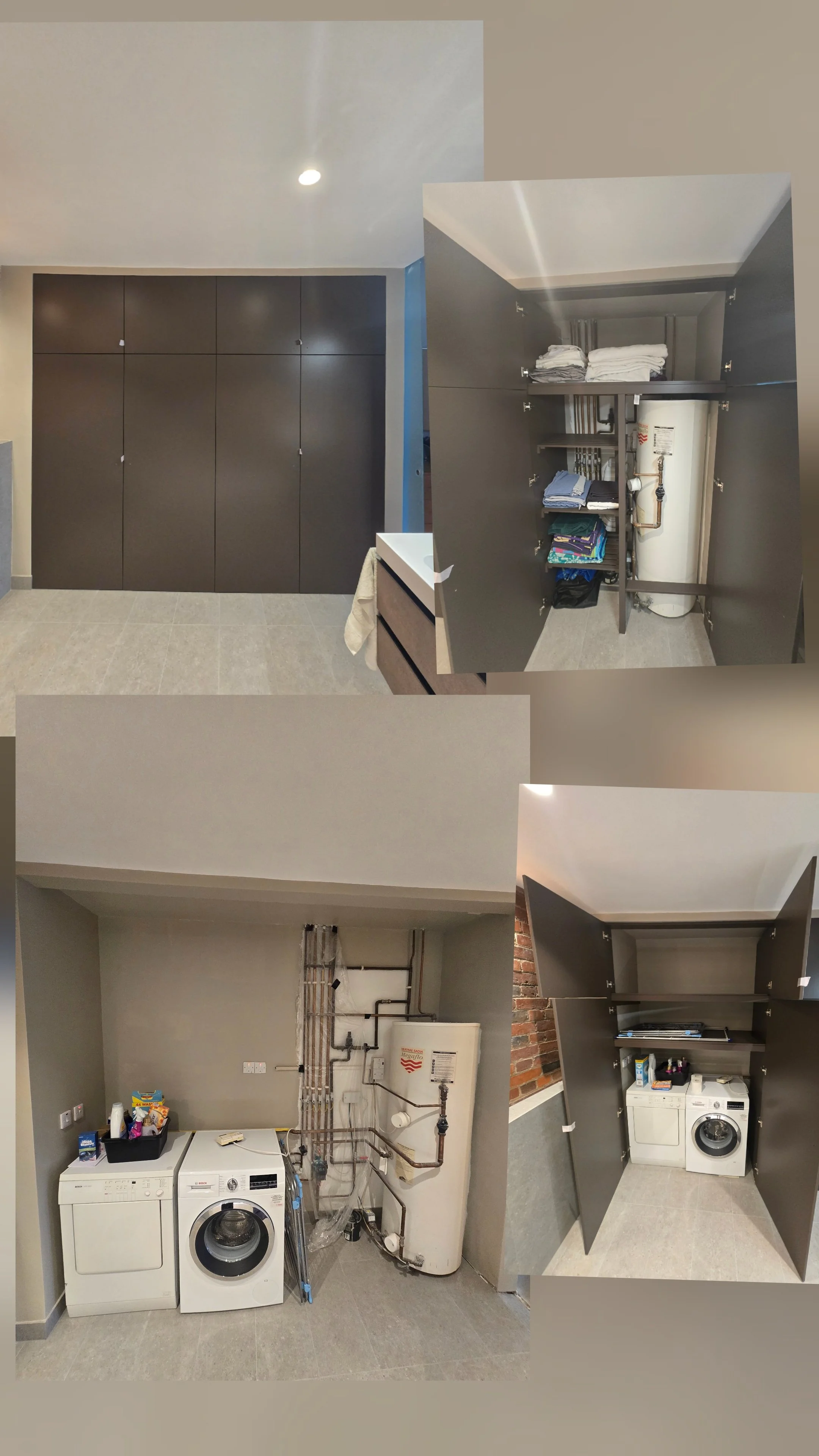 Images of a kitchen and utility area showing black cabinets, laundry appliances, a water heater, and infrastructure pipes.