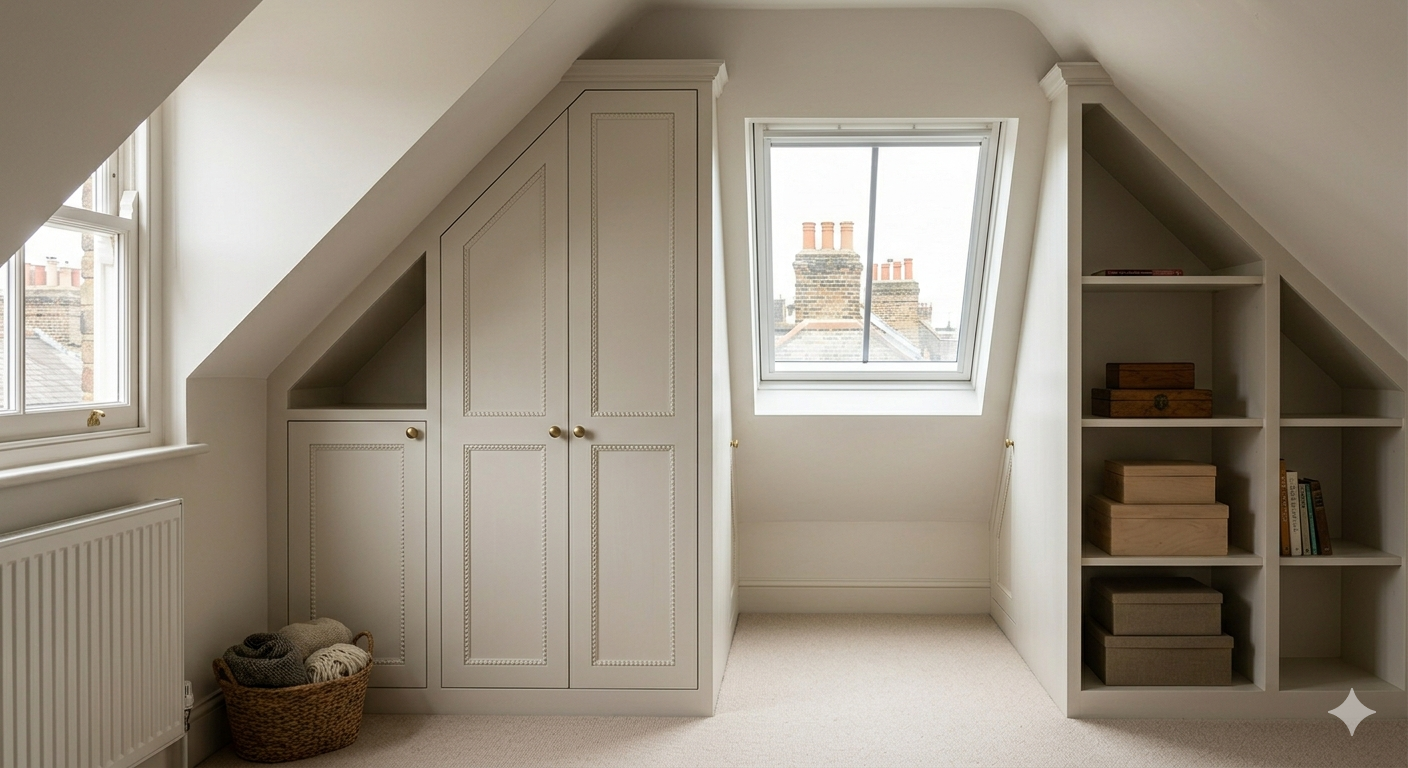 An attic room with white built-in shelves and closed cabinets under a sloped ceiling, a window with a view of rooftops and chimneys, and a basket of rolled towels on the carpeted floor.