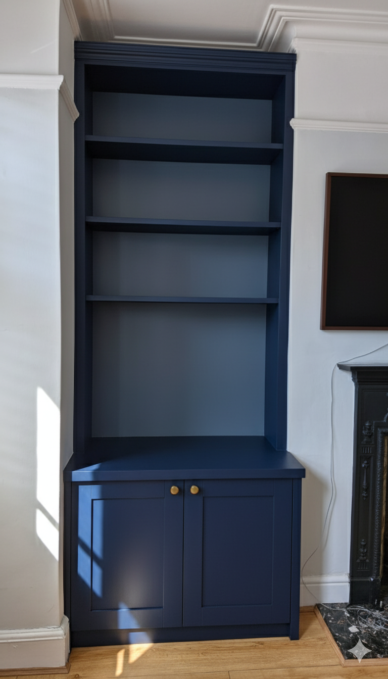 Blue bookshelf with three open shelves and two closed cabinets with gold knobs, positioned in a room with a white wall and a fireplace to the right.