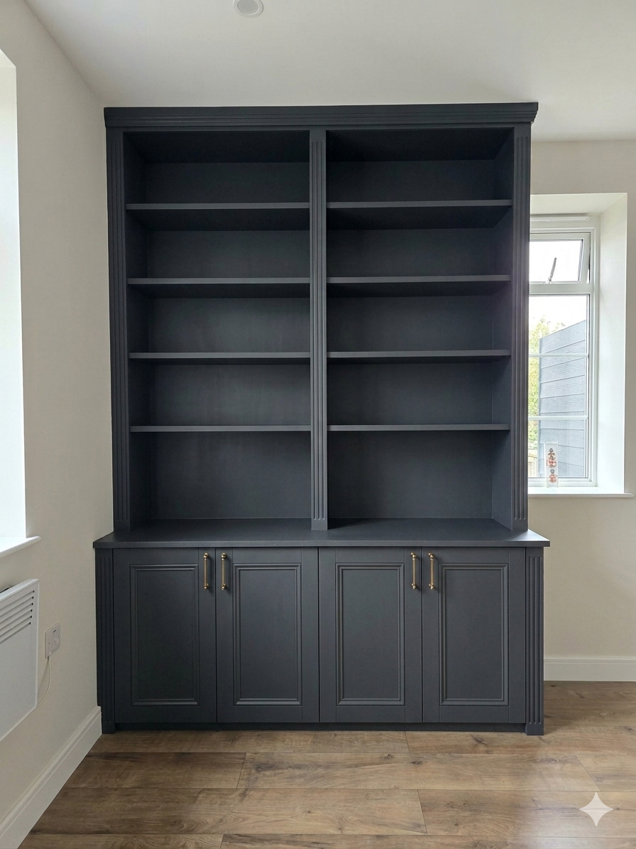 Dark gray built-in bookshelf with open shelves above cabinets, in a room with light-colored walls and wooden flooring, near a window.