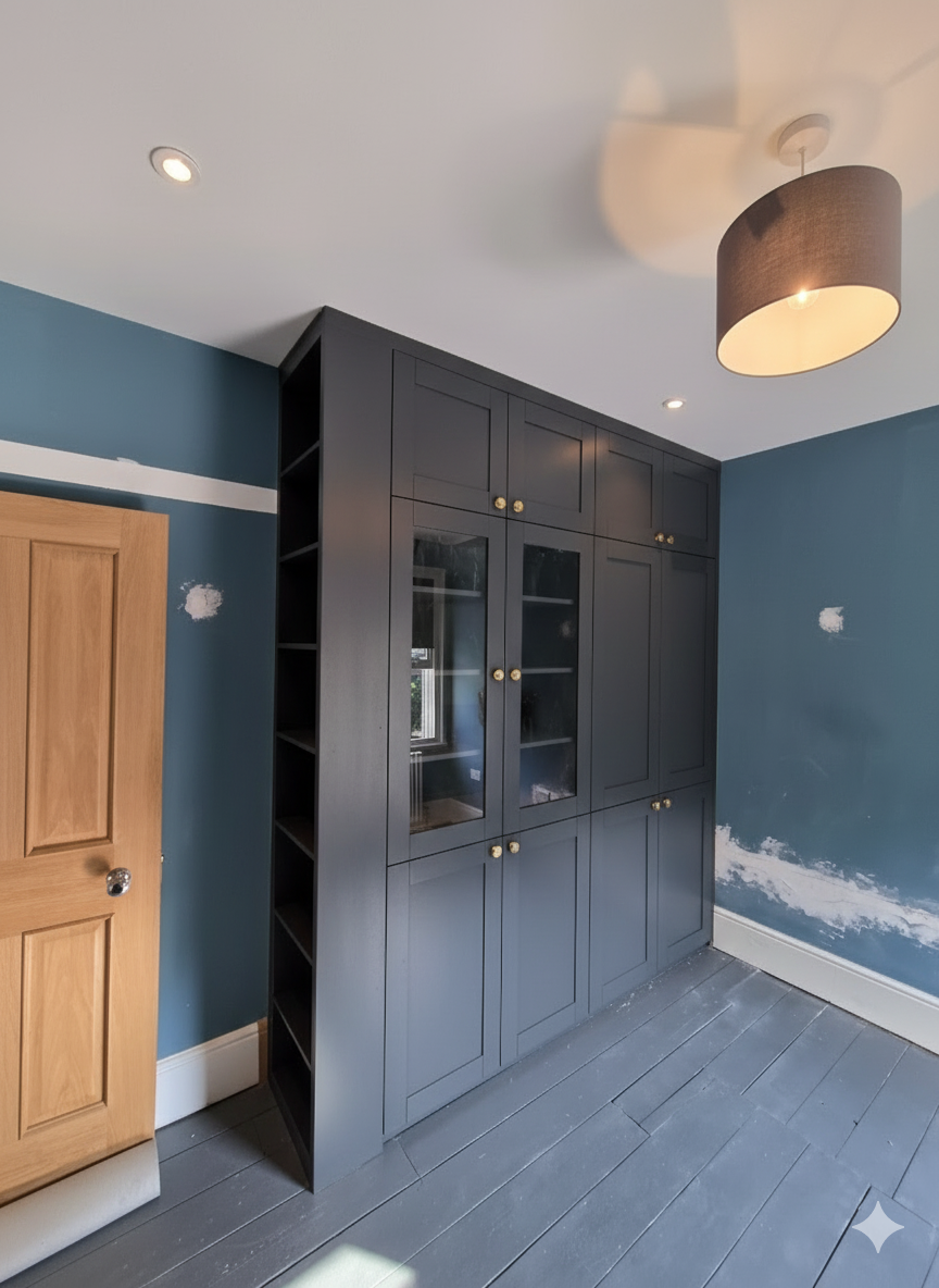 Bespoke shaker style wardrobe with glass doors in London