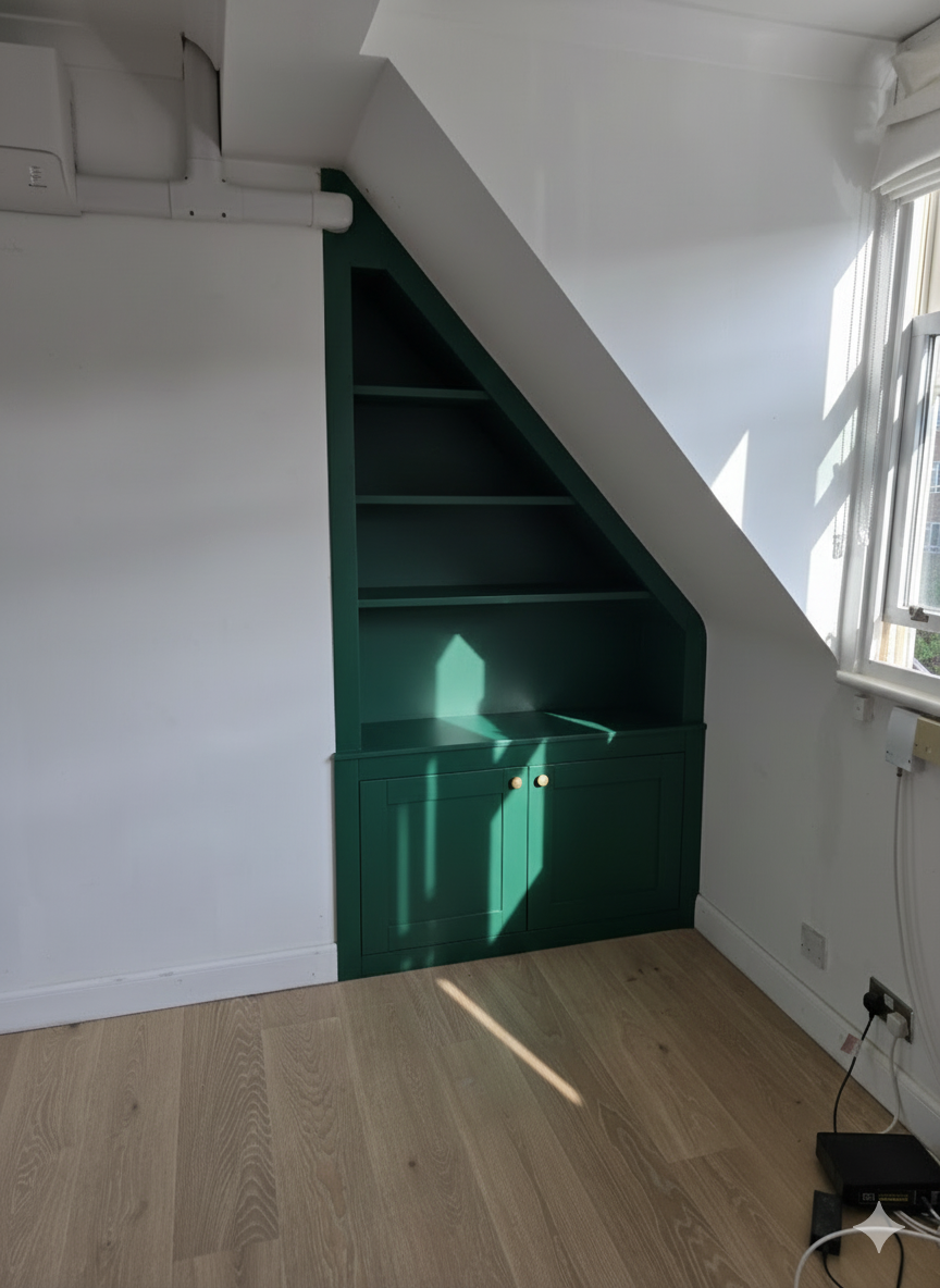 Green built-in corner bookshelf under a sloped ceiling in a room with light-colored wooden floor and a window.
