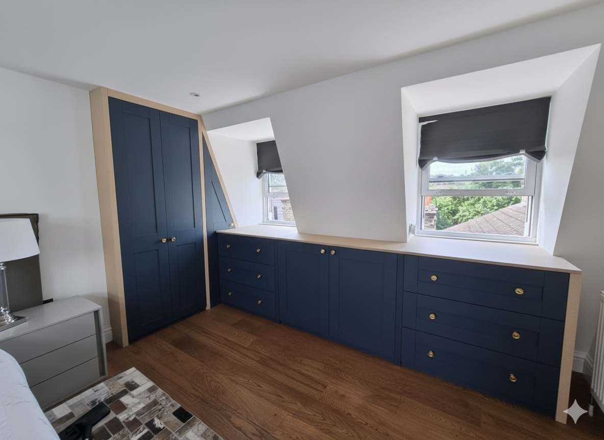 Bedroom with blue built-in cabinets and drawers, two sloped windows with dark shades, hardwood floor, and a nightstand with a lamp.