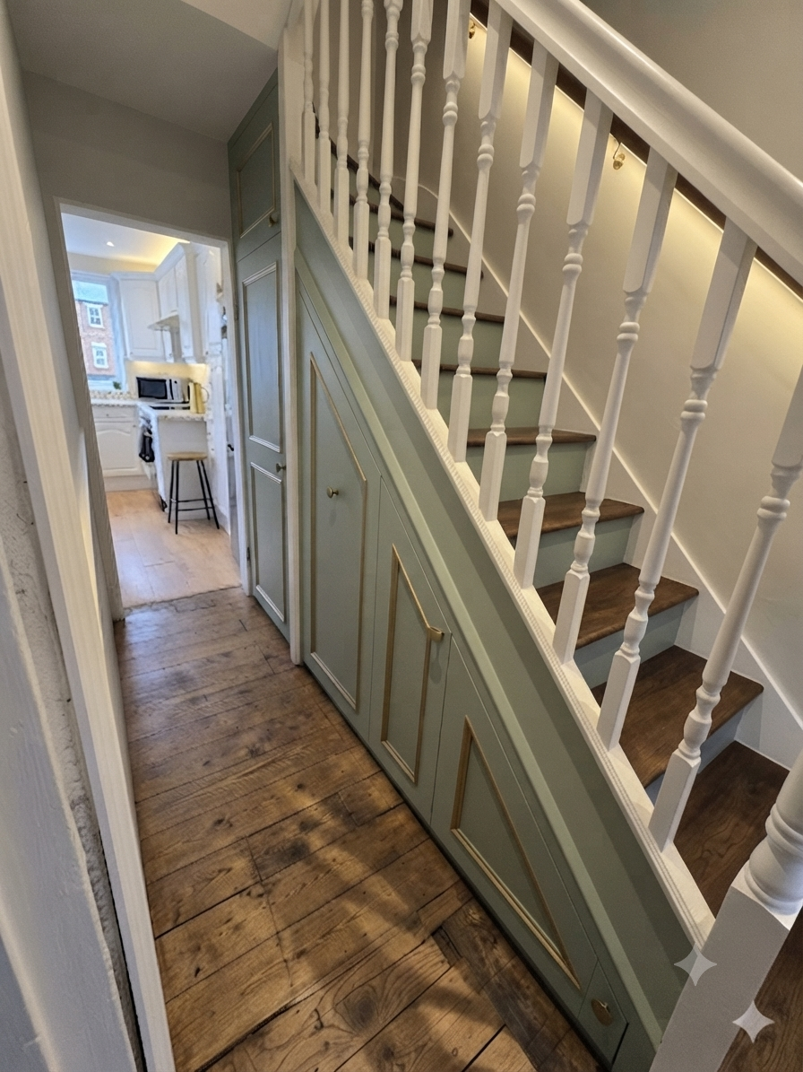 View of a staircase with white railings and green paneling with gold accents in a home interior, leading to a kitchen area with wooden floors, a microwave, and a window.