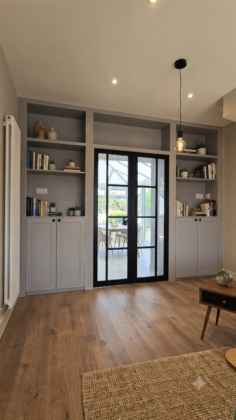 Living room with built-in gray bookshelves around a black-framed glass door leading to an outdoor dining area, hardwood floor, small side table, and ceiling light fixtures.