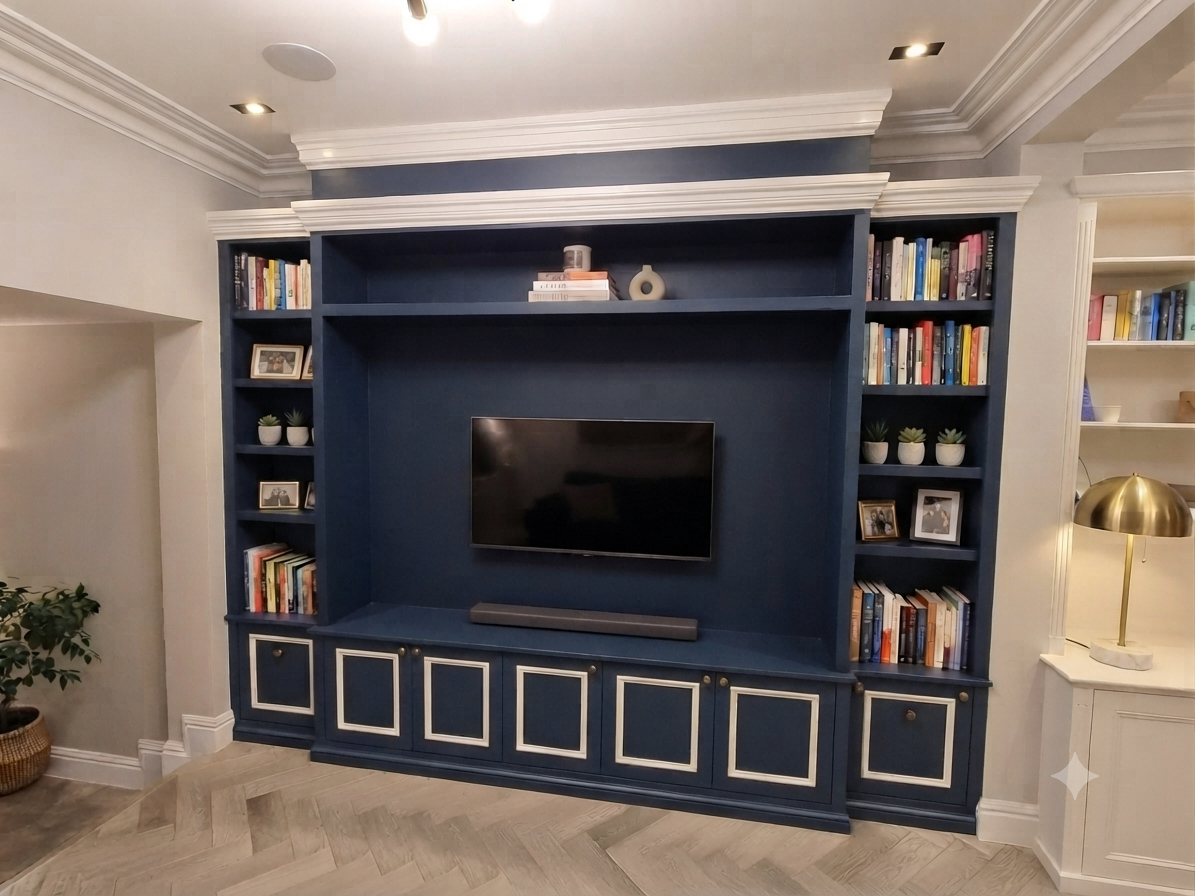 A built-in entertainment center with a TV, blue shelving, and white trim, containing books, framed photos, and decorative items, in a well-lit living room.