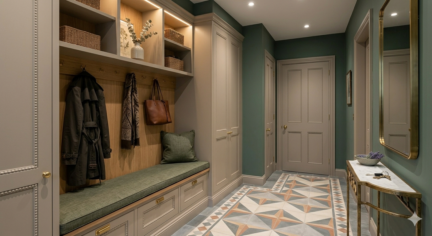 Entryway with built-in seating, storage cabinets, and hooks for coats and bags, with a patterned tile floor.