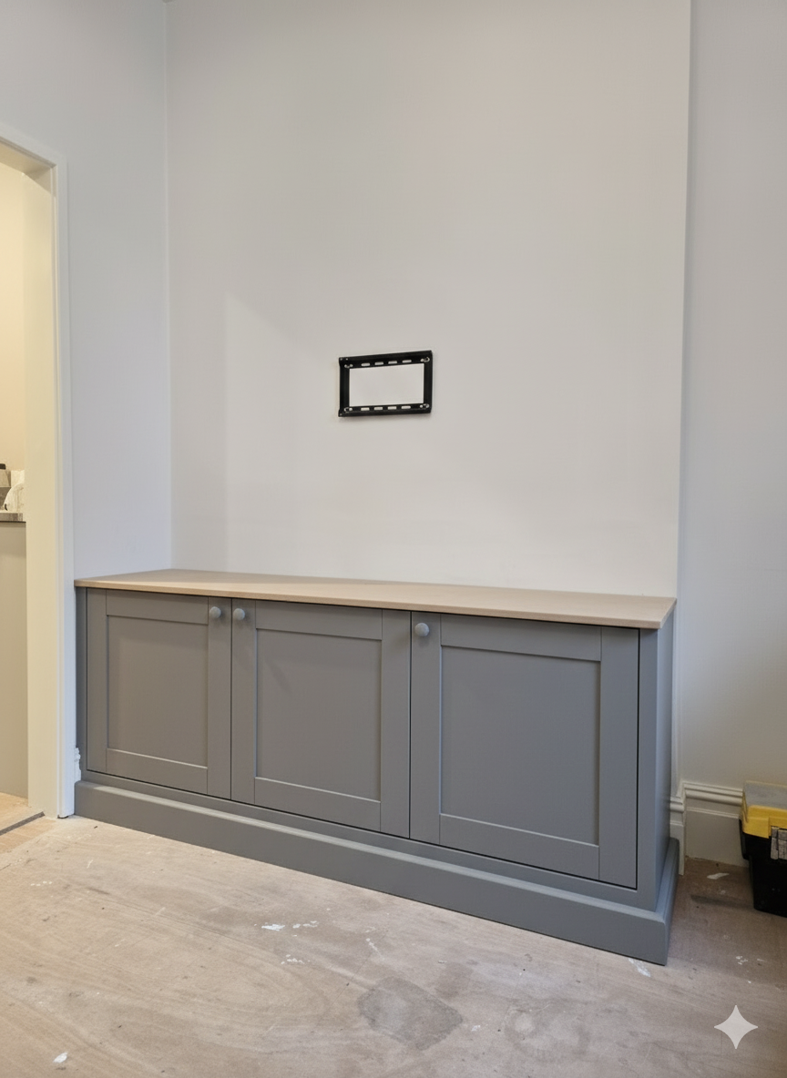 A built-in cabinet with a light-colored countertop, gray panel doors, and a wall mount for a television in a room under renovation.