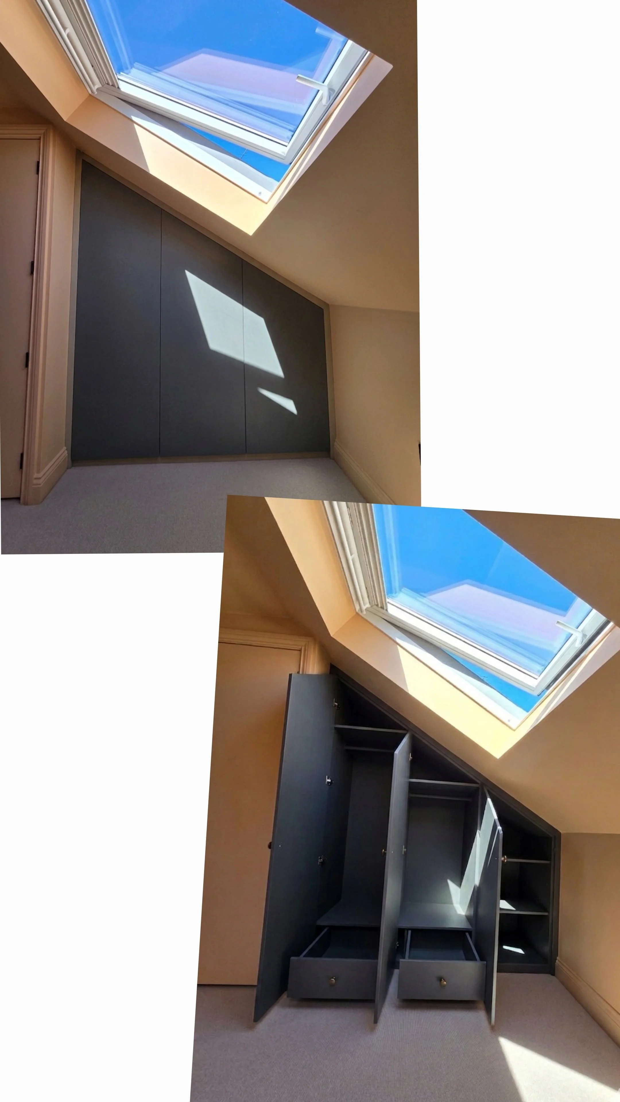 Photo of an attic room with a skylight window showing a blue sky. The room contains black furniture with drawers and shelves, some open, and beige walls with a sloped ceiling.