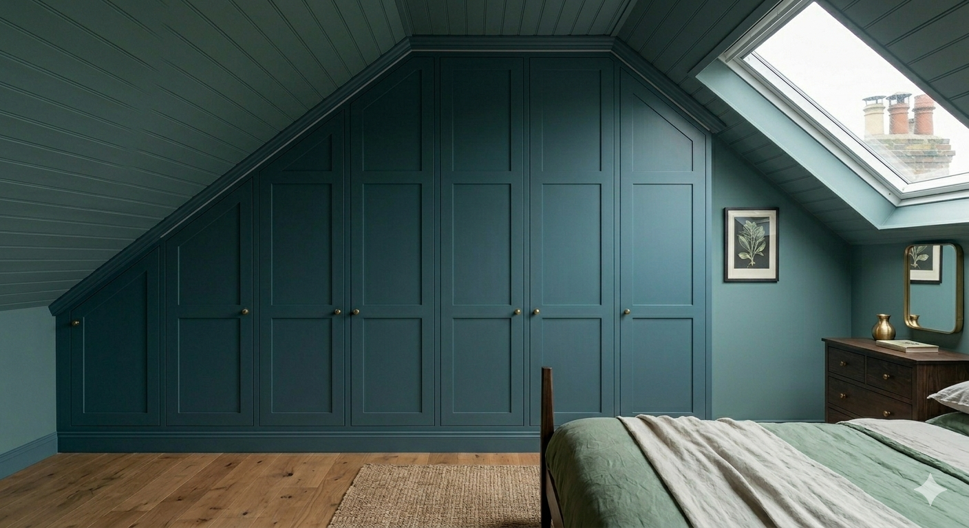 A bedroom with teal built-in cabinets and an angled blue ceiling, a skylight window, a wooden dresser with a gold vase, and framed botanical prints on the wall.