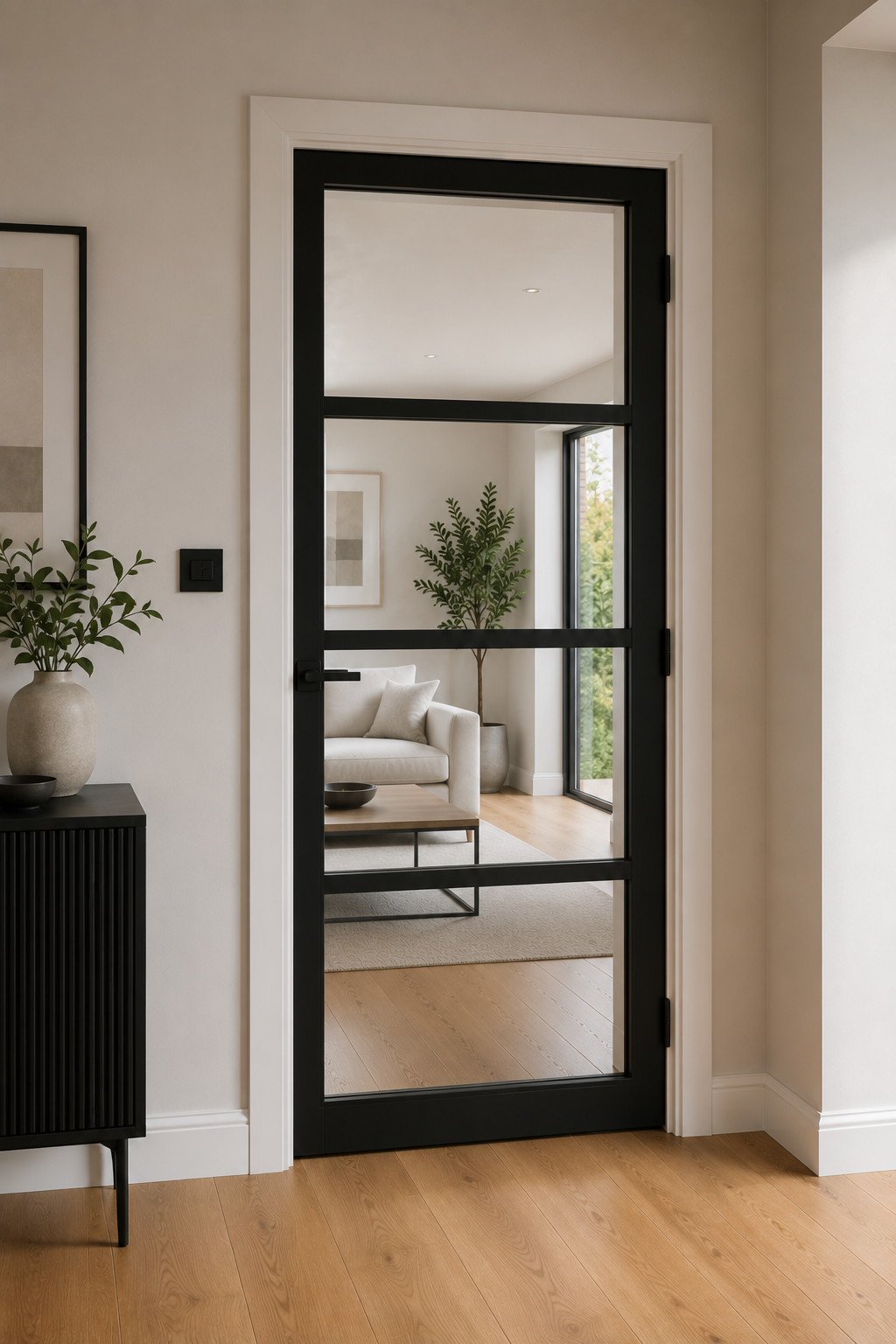 Interior view of a modern home with a black-framed glass door, a white sofa, a potted plant, and minimalistic decor.