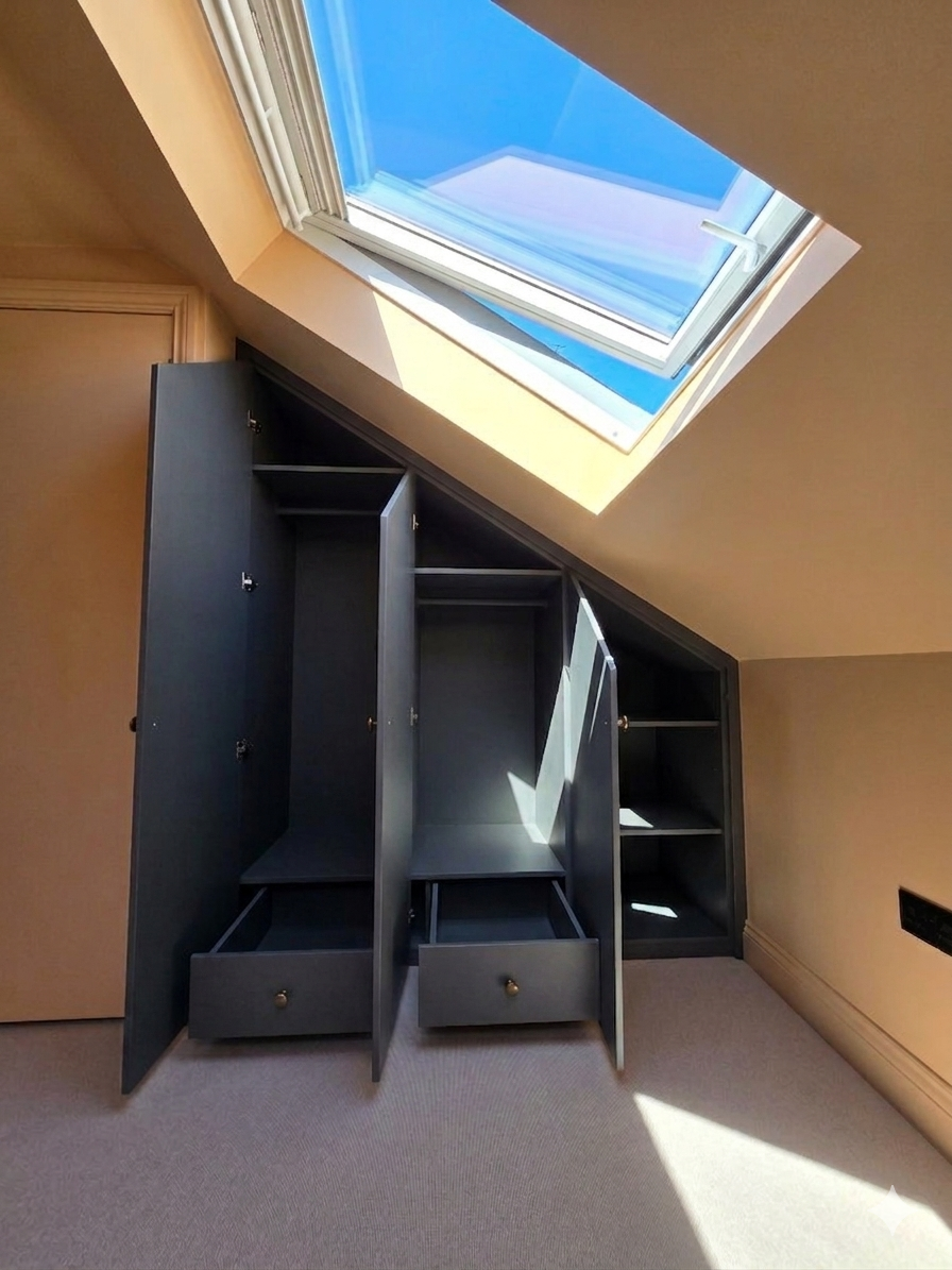 Open black storage cabinet with multiple shelves and drawers, positioned under a sloped ceiling with a skylight window letting in sunlight.