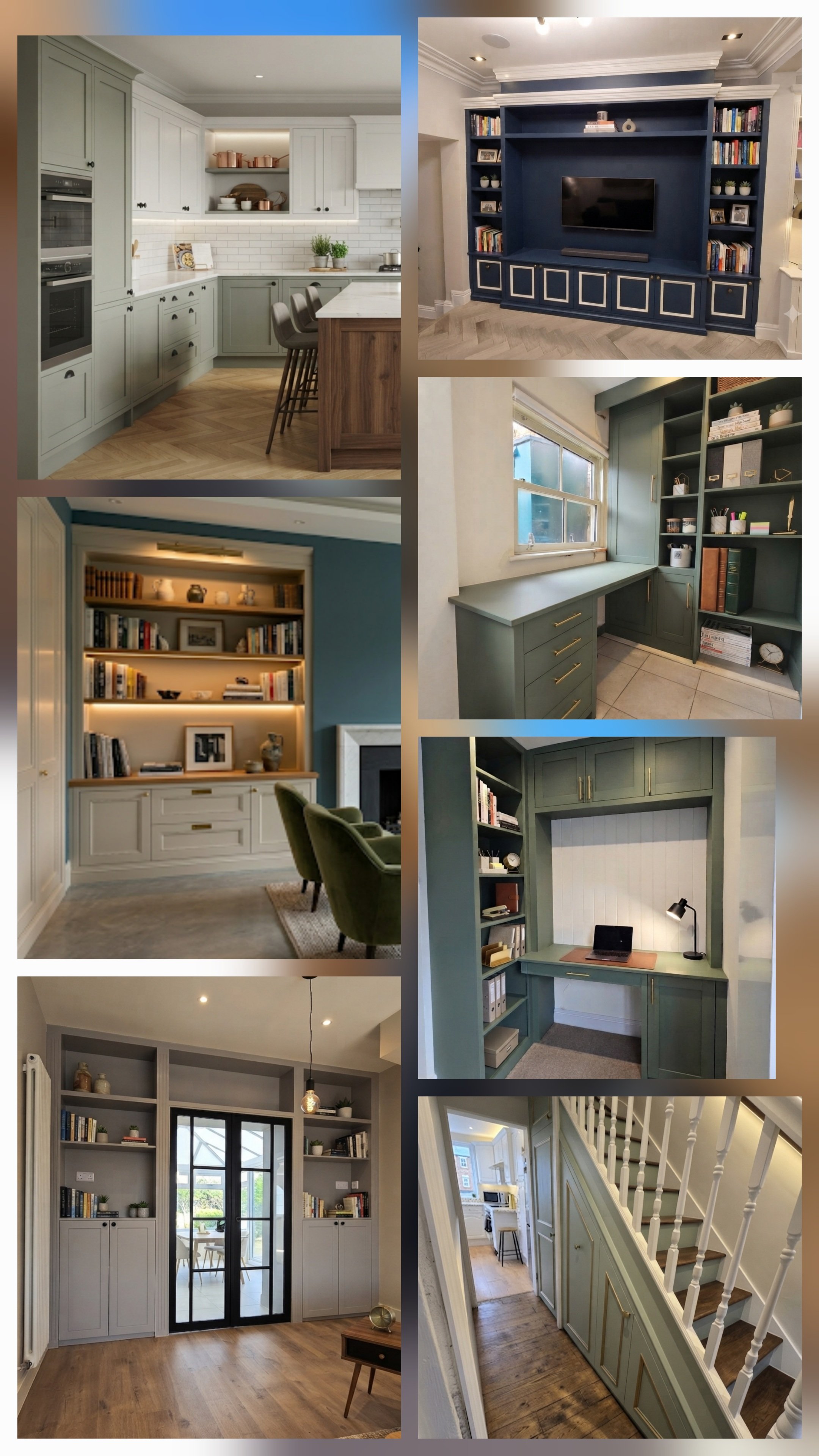 Collage of home interior spaces including a kitchen with pastel green cabinets, a living room with a built-in bookshelf and seating, a home office nook with green cabinetry, a hallway with built-in shelving, a dining area with a large window and built-in cabinets, and a stairwell with a wooden banister and white spindles.